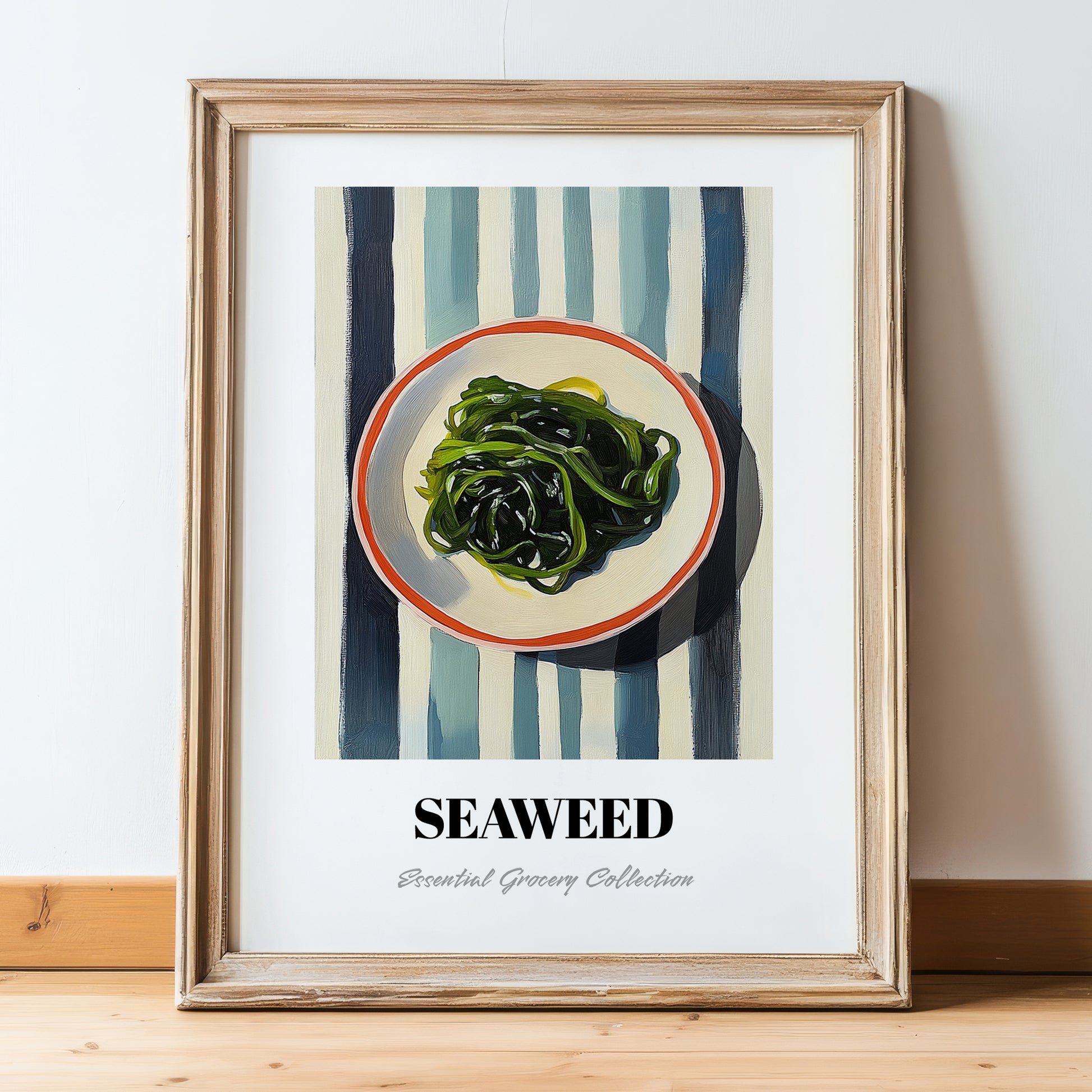 Seaweed – on Striped Tablecloth, Fresh Herbs Still Life, in wooden frame leaning on the floor