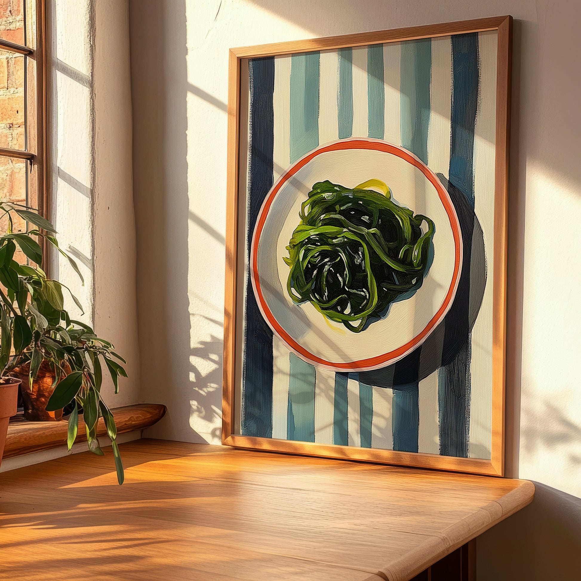 Seaweed – on Striped Tablecloth, Fresh Herbs Still Life, clean layout with no caption