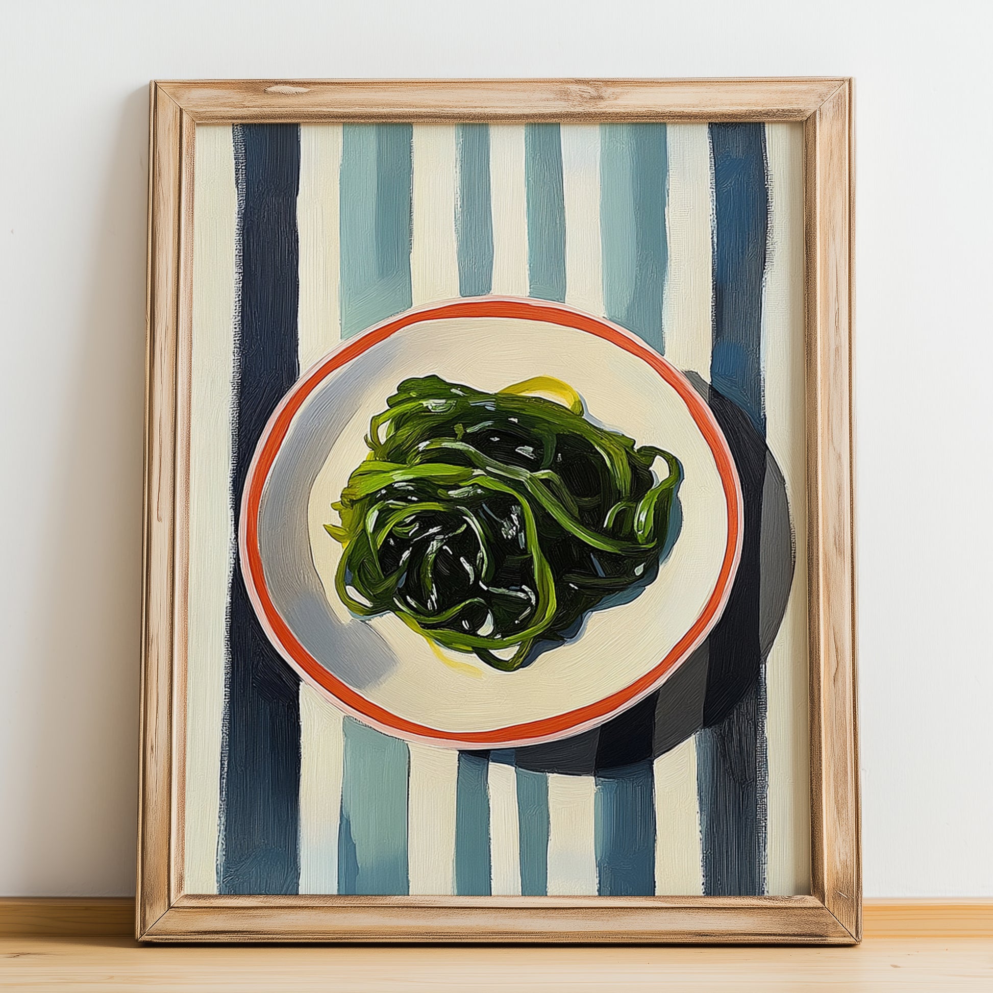 Seaweed – on Striped Tablecloth, Fresh Herbs Still Life, no-text version framed in wood