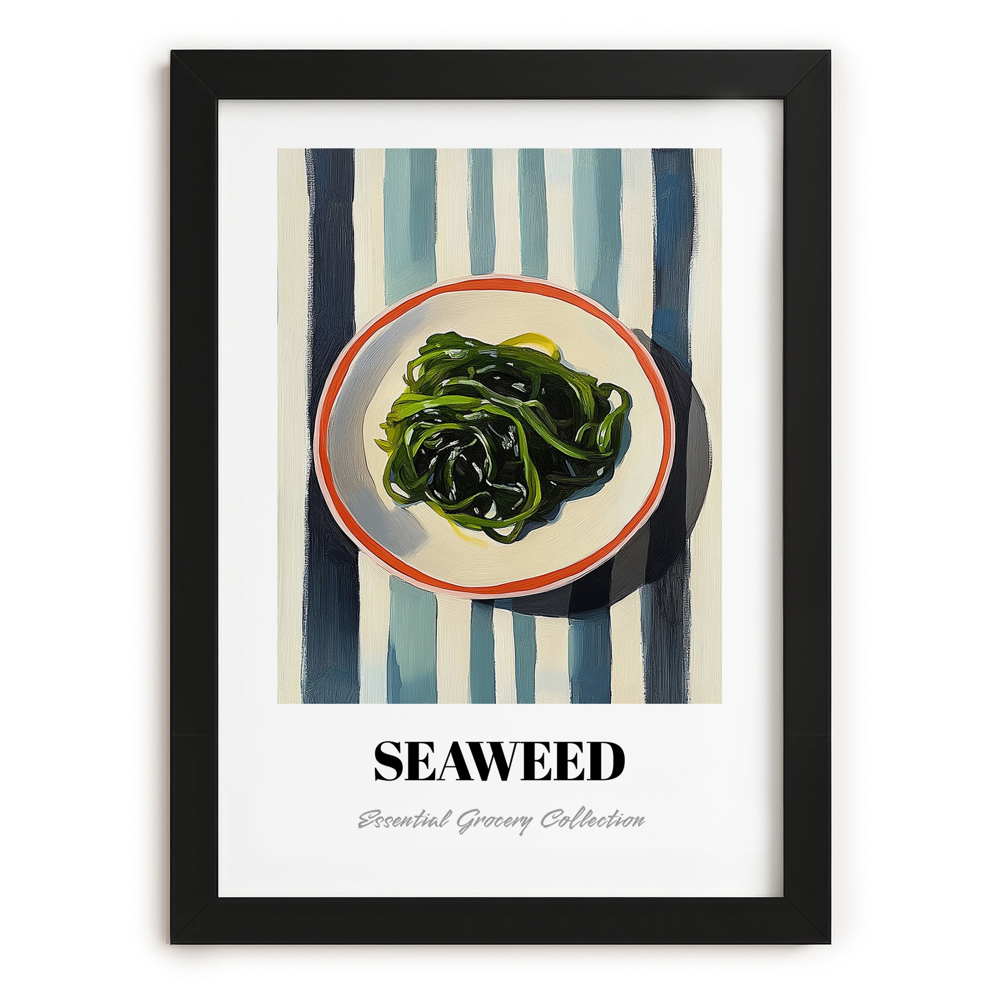 Seaweed – on Striped Tablecloth, Fresh Herbs Still Life, in sleek black frame