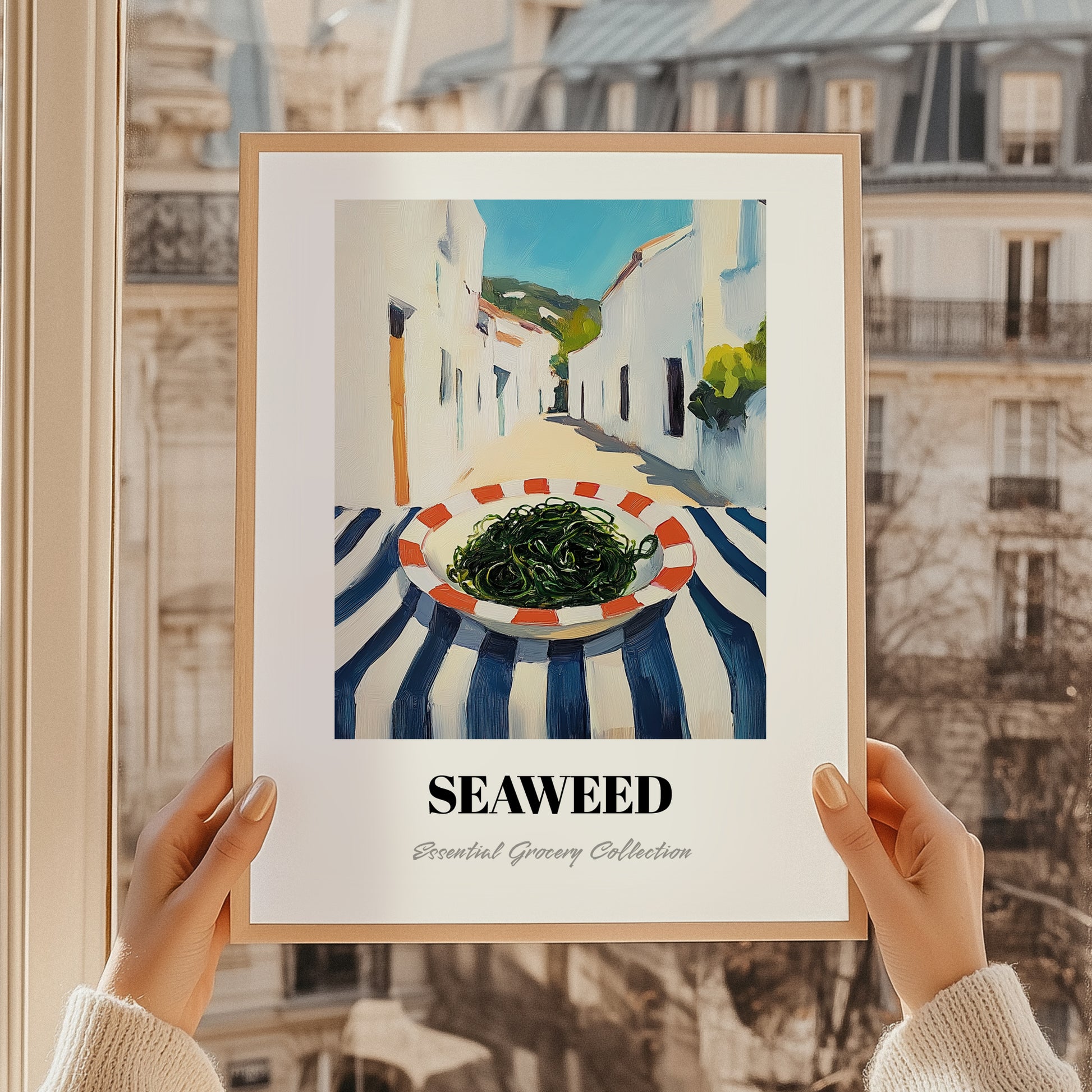 Seaweed – White village Urban Café Scene, Fresh Herbs Still Life, styled in a charming Paris street view