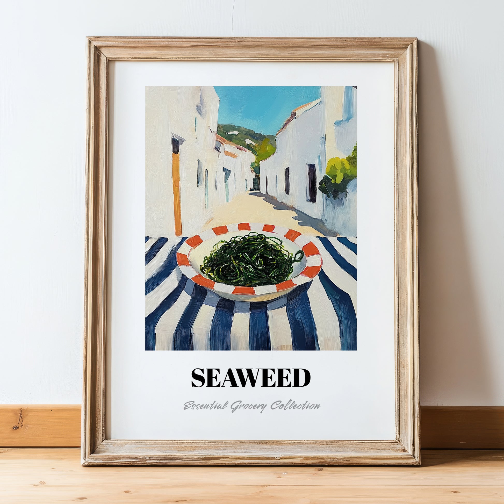Seaweed – White village Urban Café Scene, Fresh Herbs Still Life, in wooden frame leaning on the floor