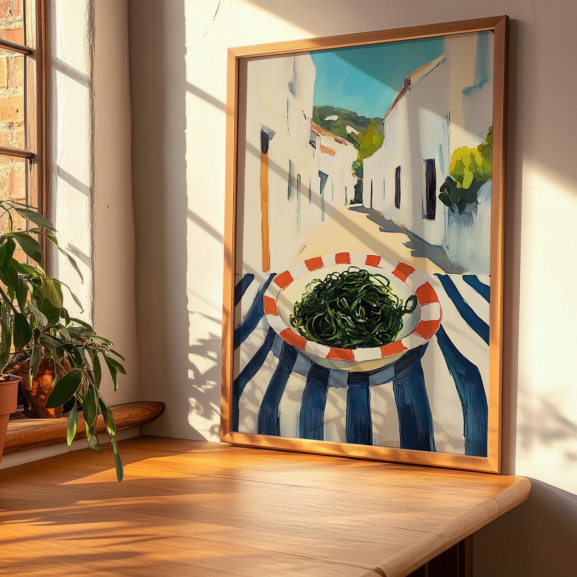 Seaweed – White village Urban Café Scene, Fresh Herbs Still Life, clean layout with no caption