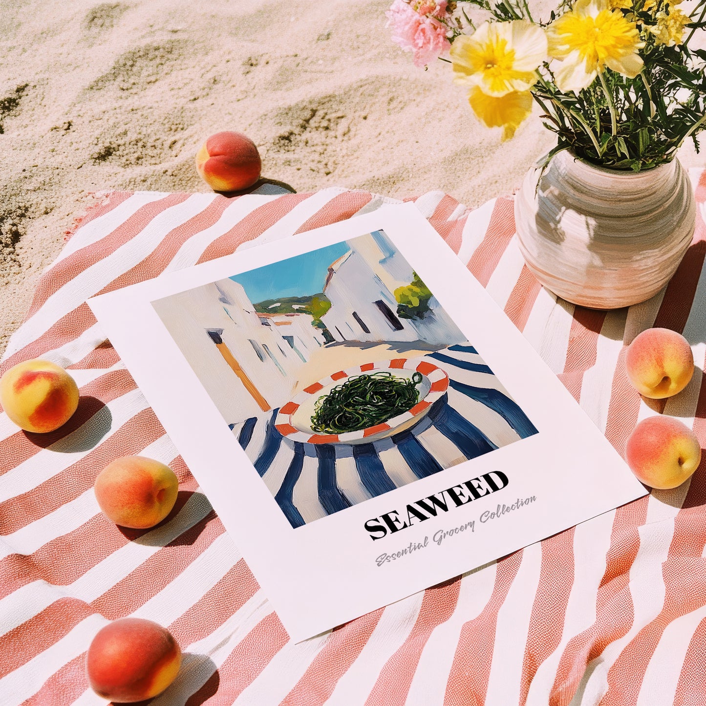 Seaweed – White village Urban Café Scene, Fresh Herbs Still Life, unframed on coastal sand