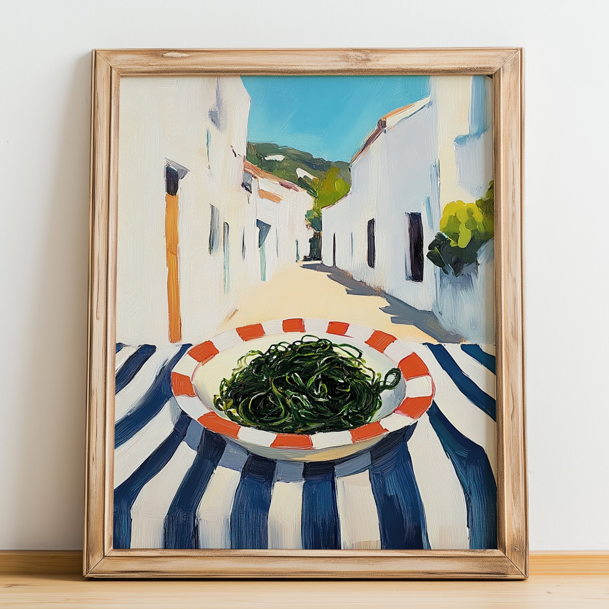 Seaweed – White village Urban Café Scene, Fresh Herbs Still Life, no-text version framed in wood