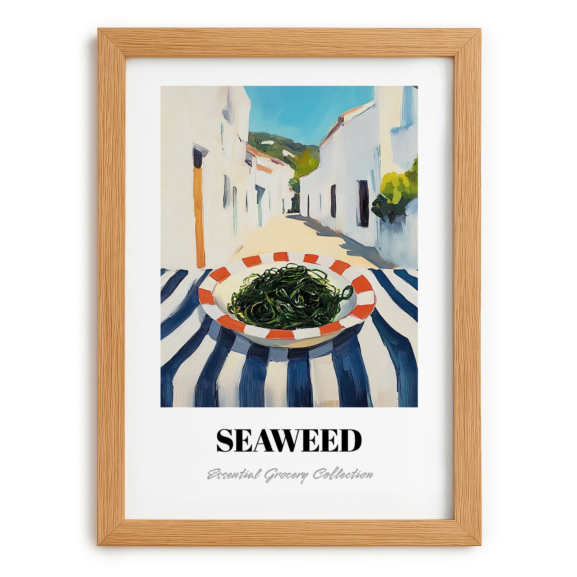 Seaweed – White village Urban Café Scene, Fresh Herbs Still Life, set in oak frame