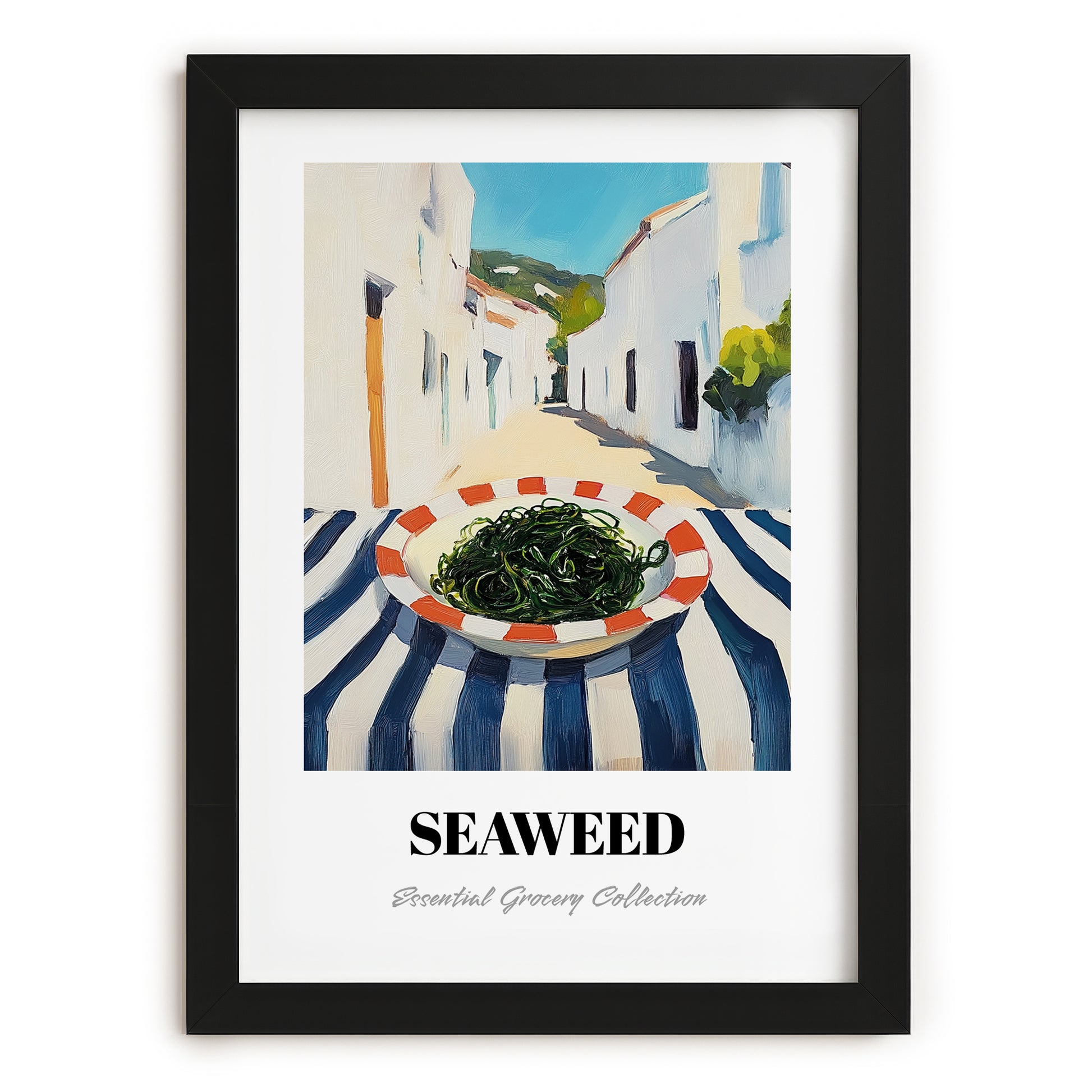 Seaweed – White village Urban Café Scene, Fresh Herbs Still Life, in sleek black frame