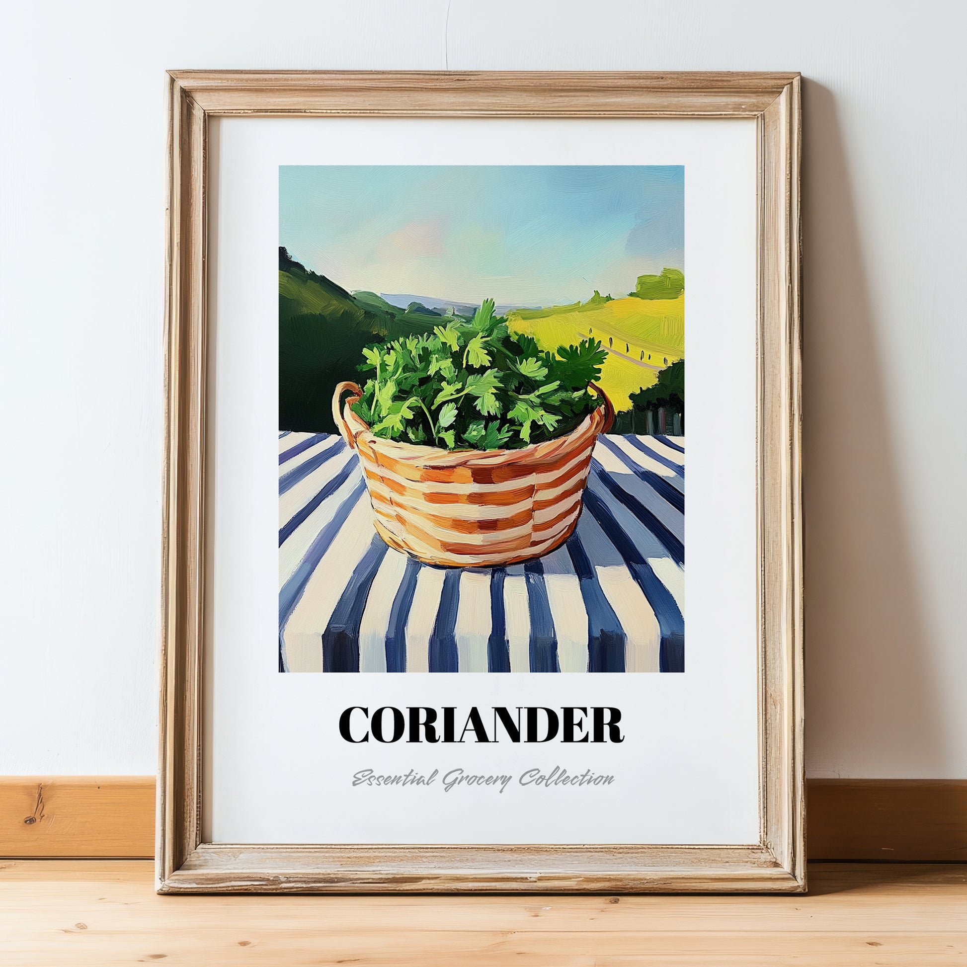 Coriander – Green Valley Landscape, Fresh Herbs Wall Decor, in wooden frame leaning on the floor