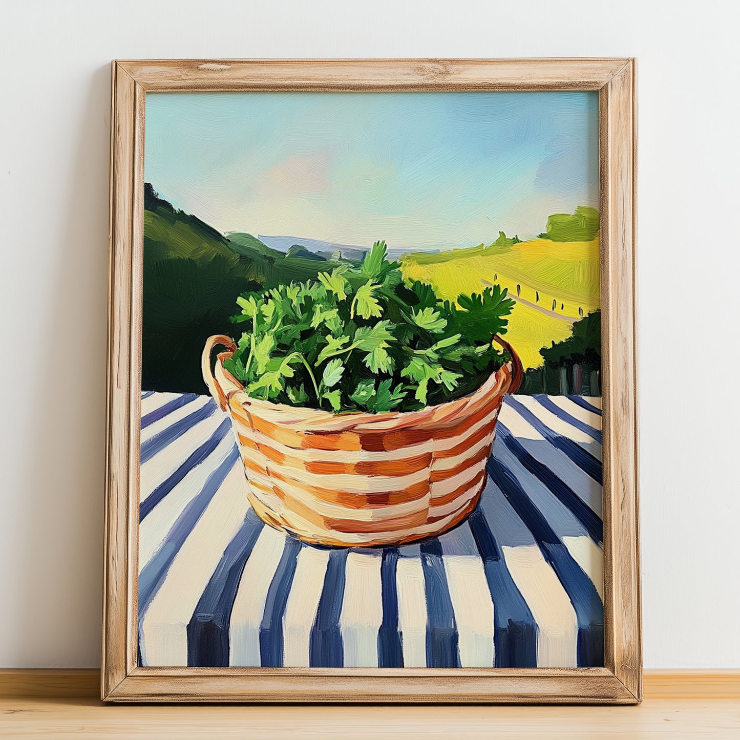 Coriander – Green Valley Landscape, Fresh Herbs Wall Decor, no-text version framed in wood
