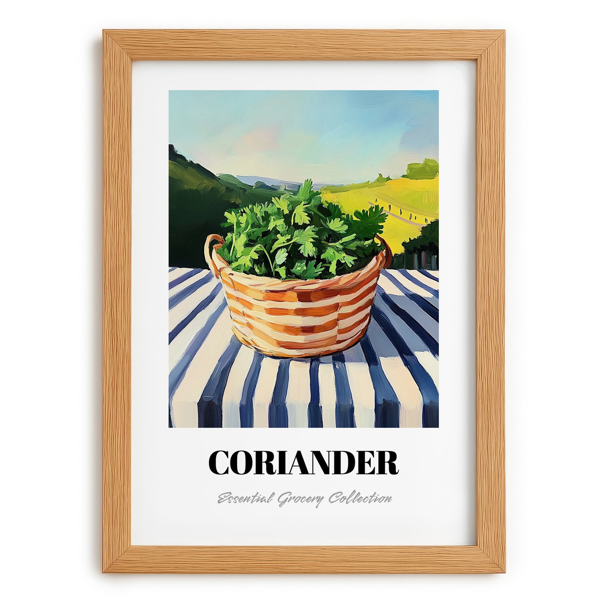 Coriander – Green Valley Landscape, Fresh Herbs Wall Decor, set in oak frame