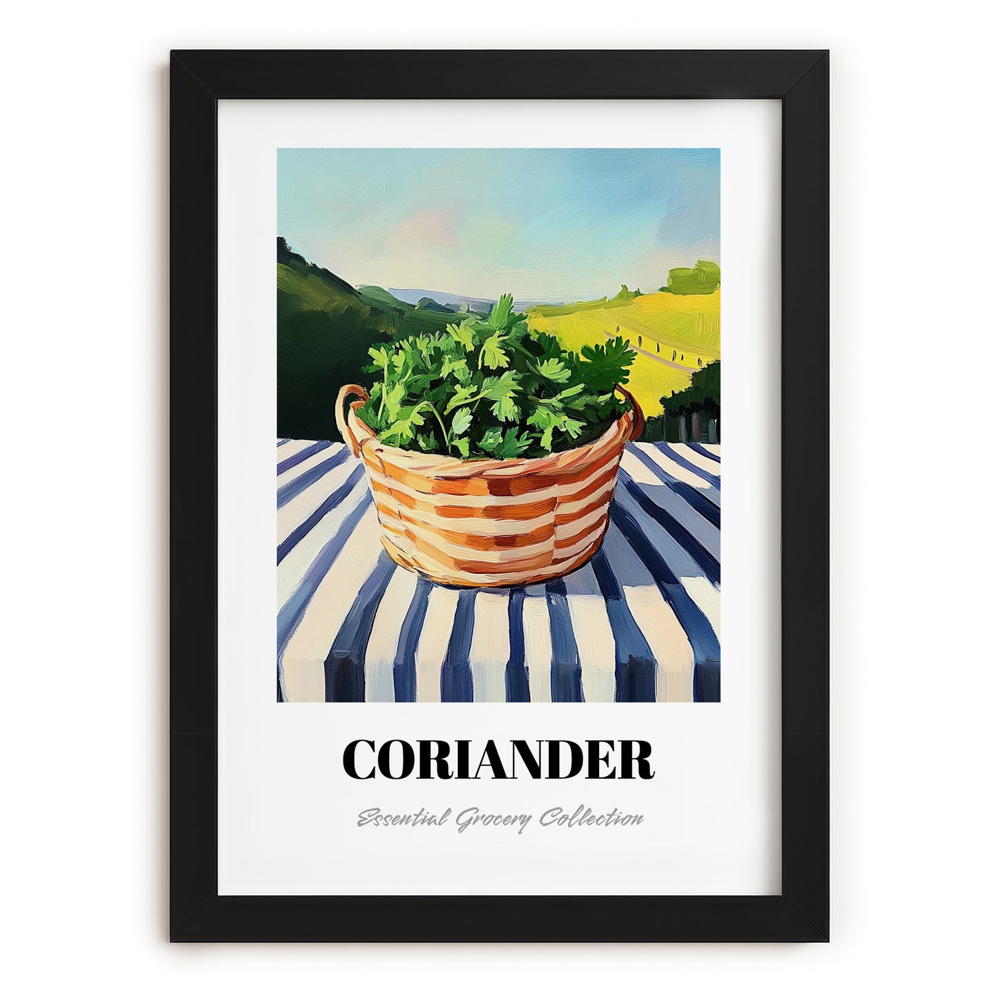 Coriander – Green Valley Landscape, Fresh Herbs Wall Decor, in sleek black frame