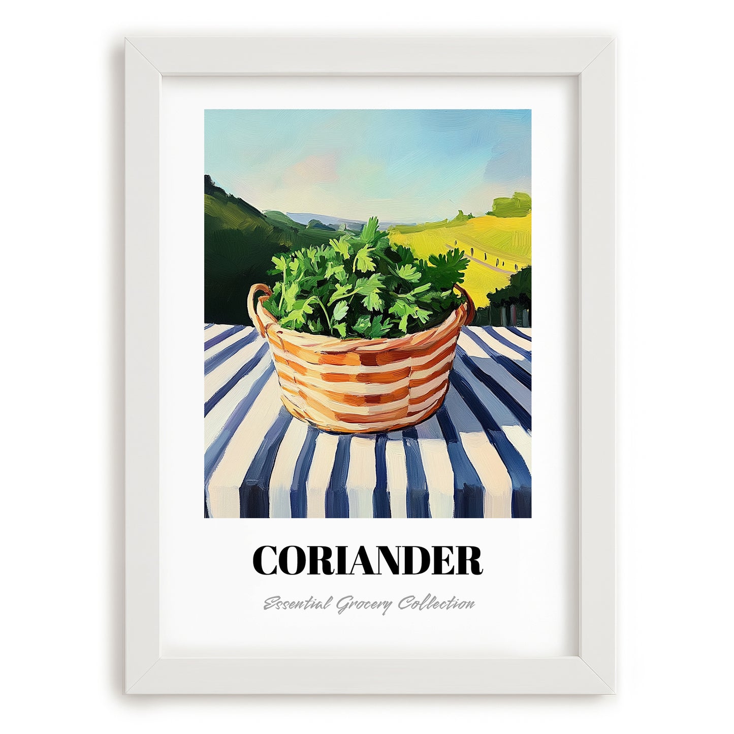 Coriander – Green Valley Landscape, Fresh Herbs Wall Decor, placed in minimal white frame