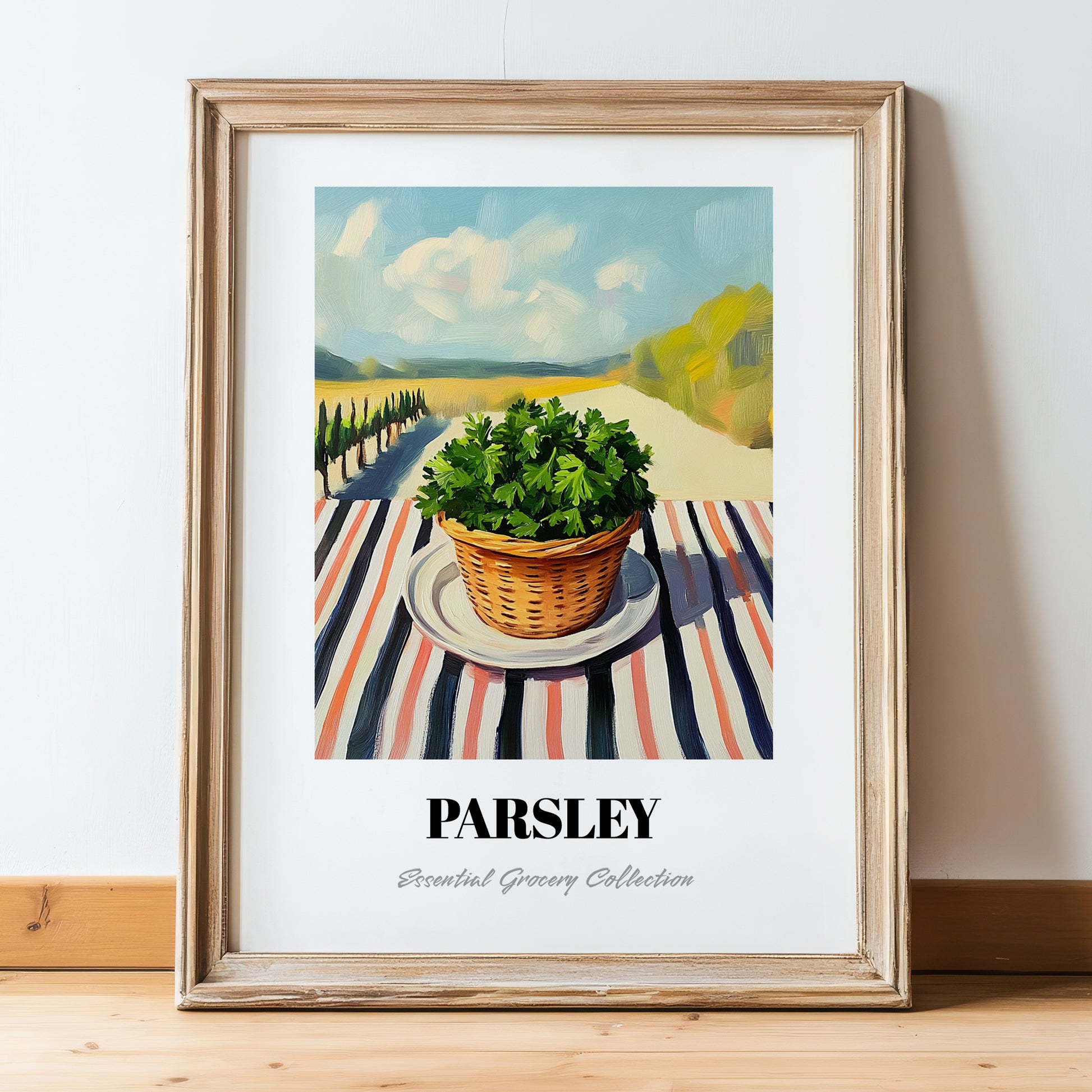 Parsley – Valley Café Scene, Fresh Herbs Painting, in wooden frame leaning on the floor