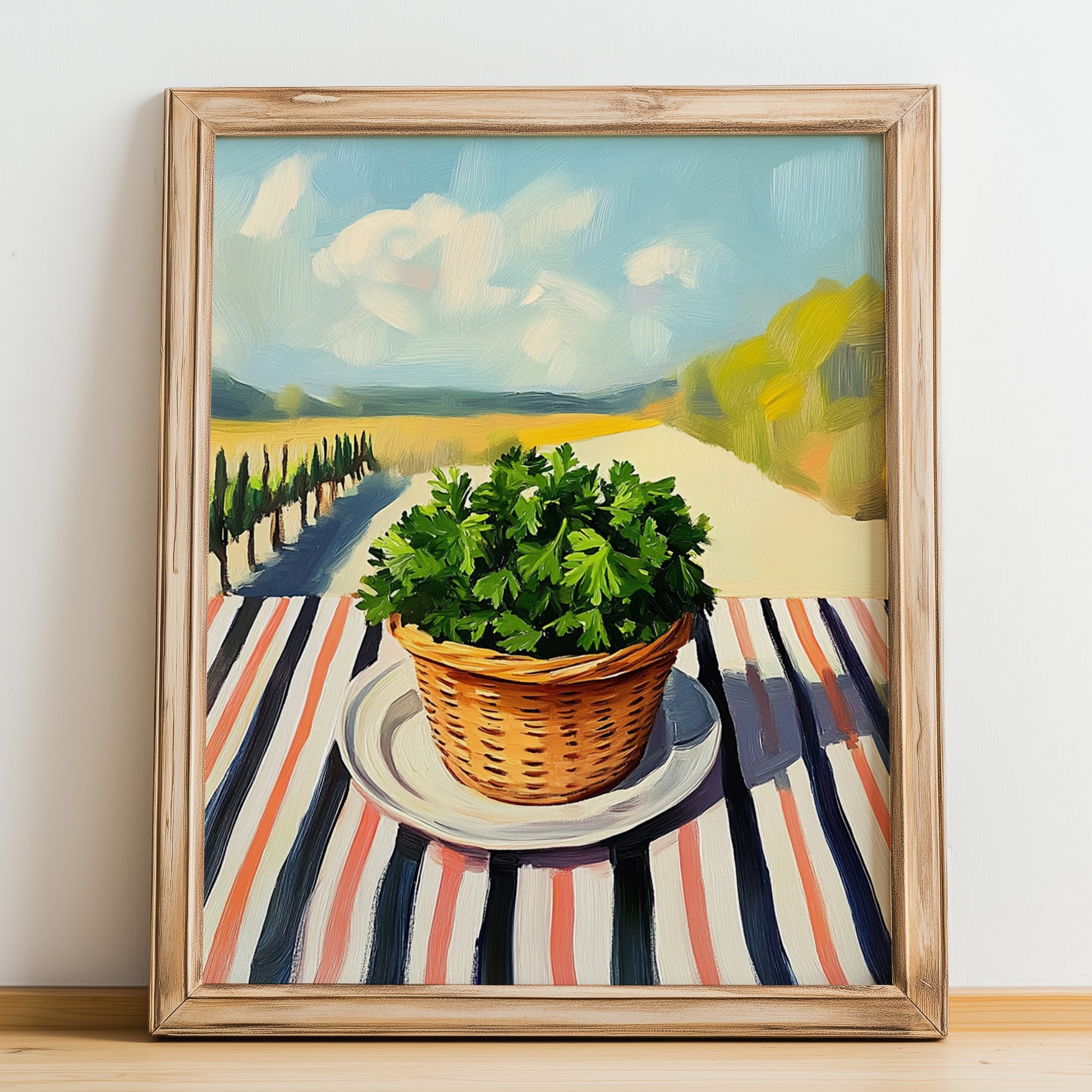 Parsley – Valley Café Scene, Fresh Herbs Painting, no-text version framed in wood