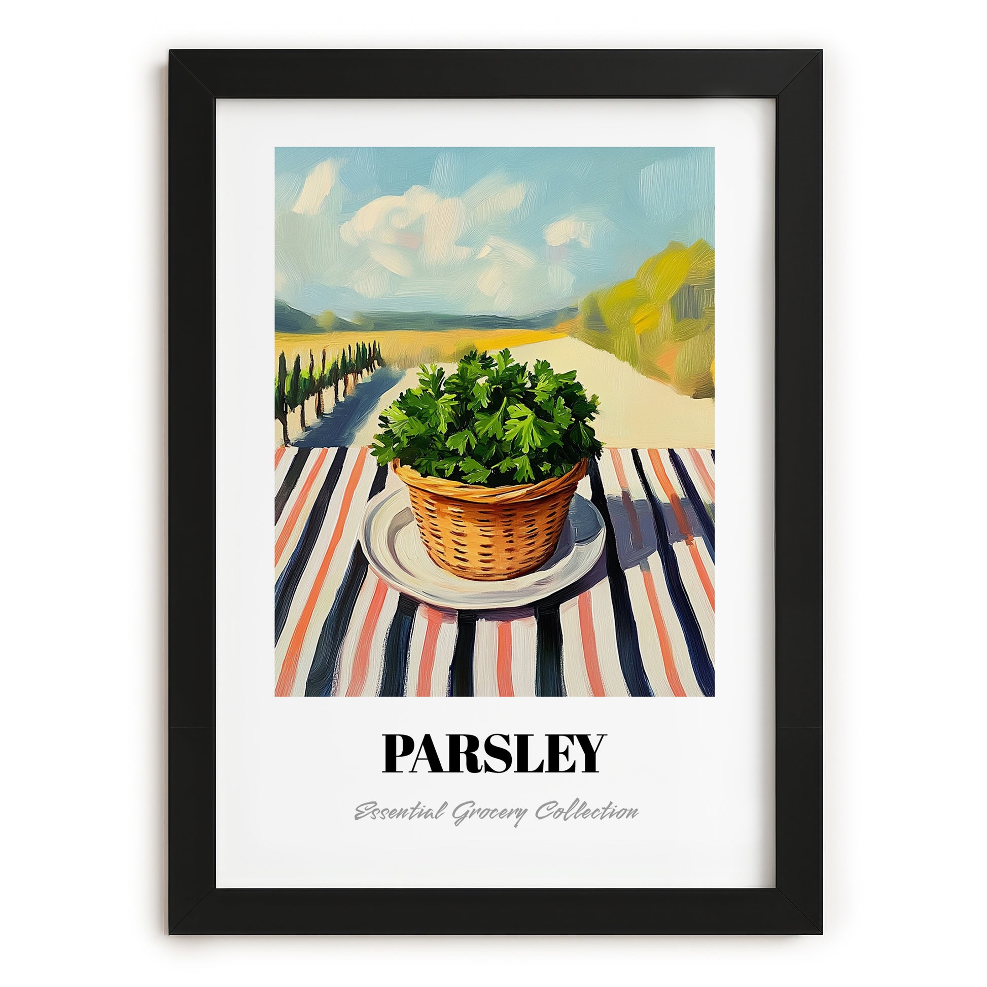 Parsley – Valley Café Scene, Fresh Herbs Painting, in sleek black frame