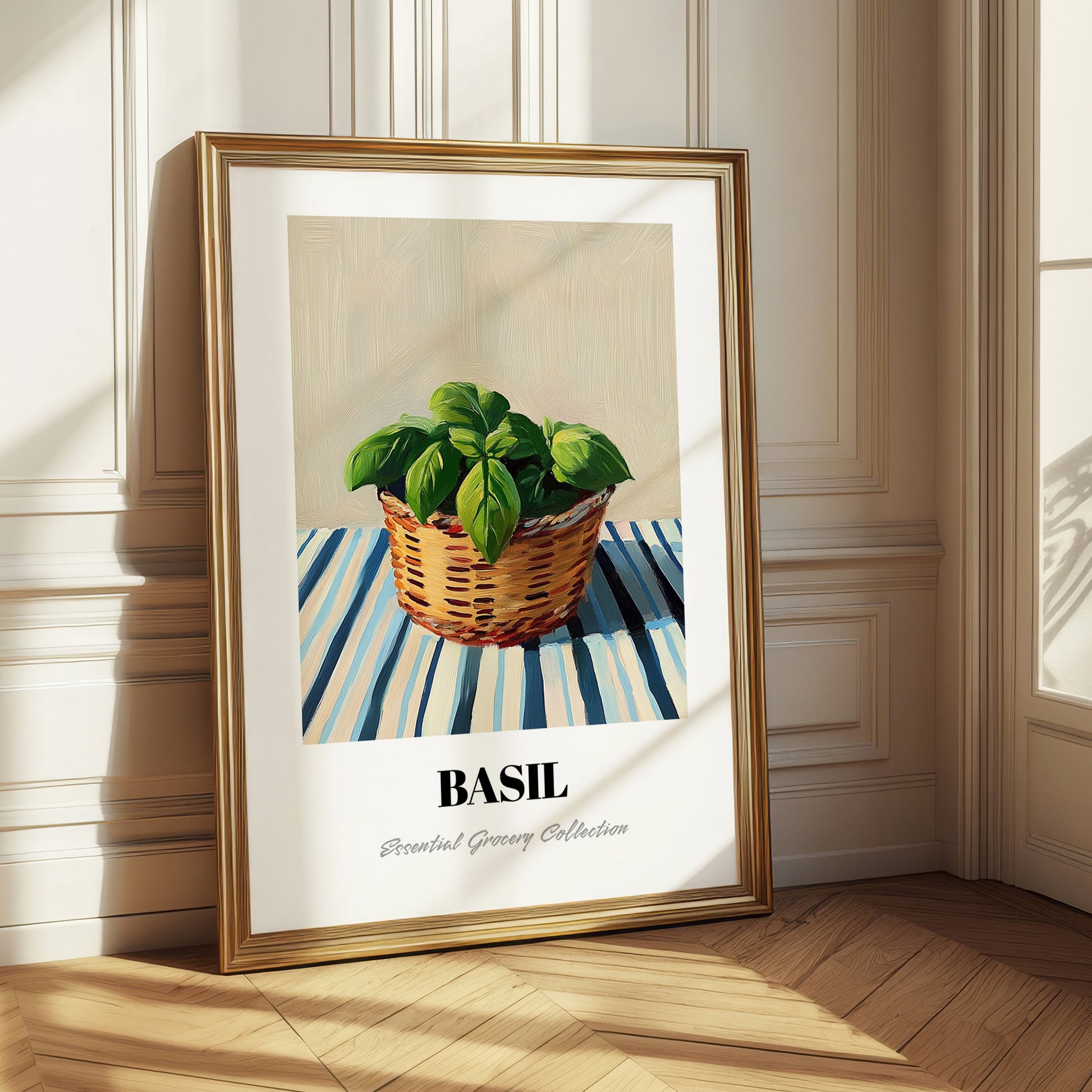 Basil – on Striped Tablecloth, Fresh Herbs Poster