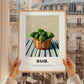 Basil – on Striped Tablecloth, Fresh Herbs Poster, styled in a charming Paris street view