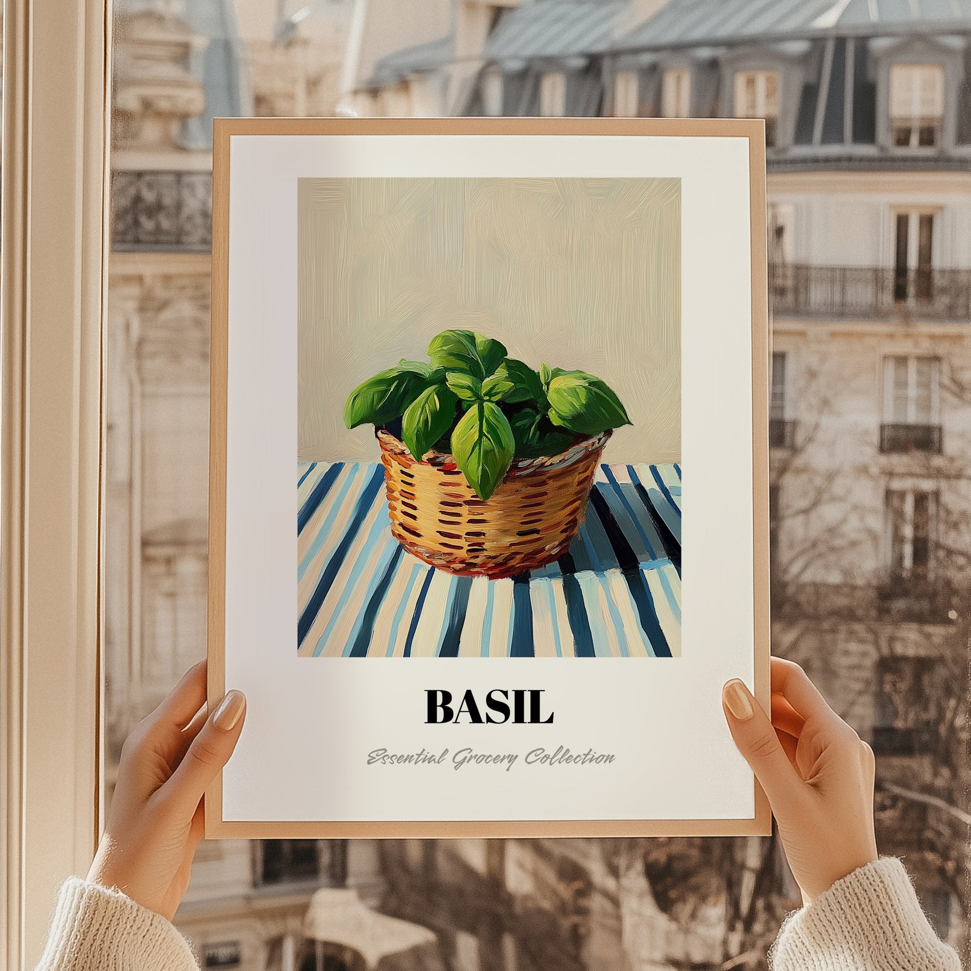 Basil – on Striped Tablecloth, Fresh Herbs Poster, styled in a charming Paris street view
