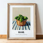 Basil – on Striped Tablecloth, Fresh Herbs Poster, in wooden frame leaning on the floor