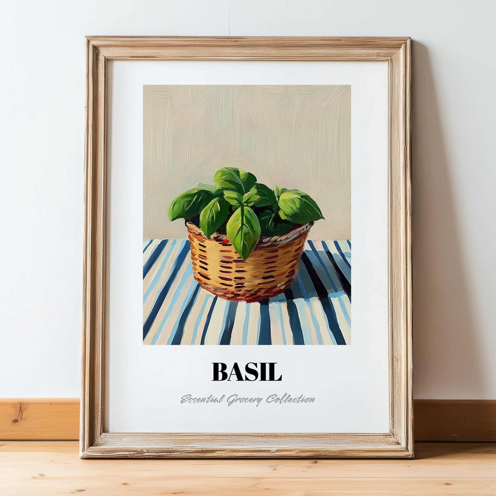 Basil – on Striped Tablecloth, Fresh Herbs Poster, in wooden frame leaning on the floor