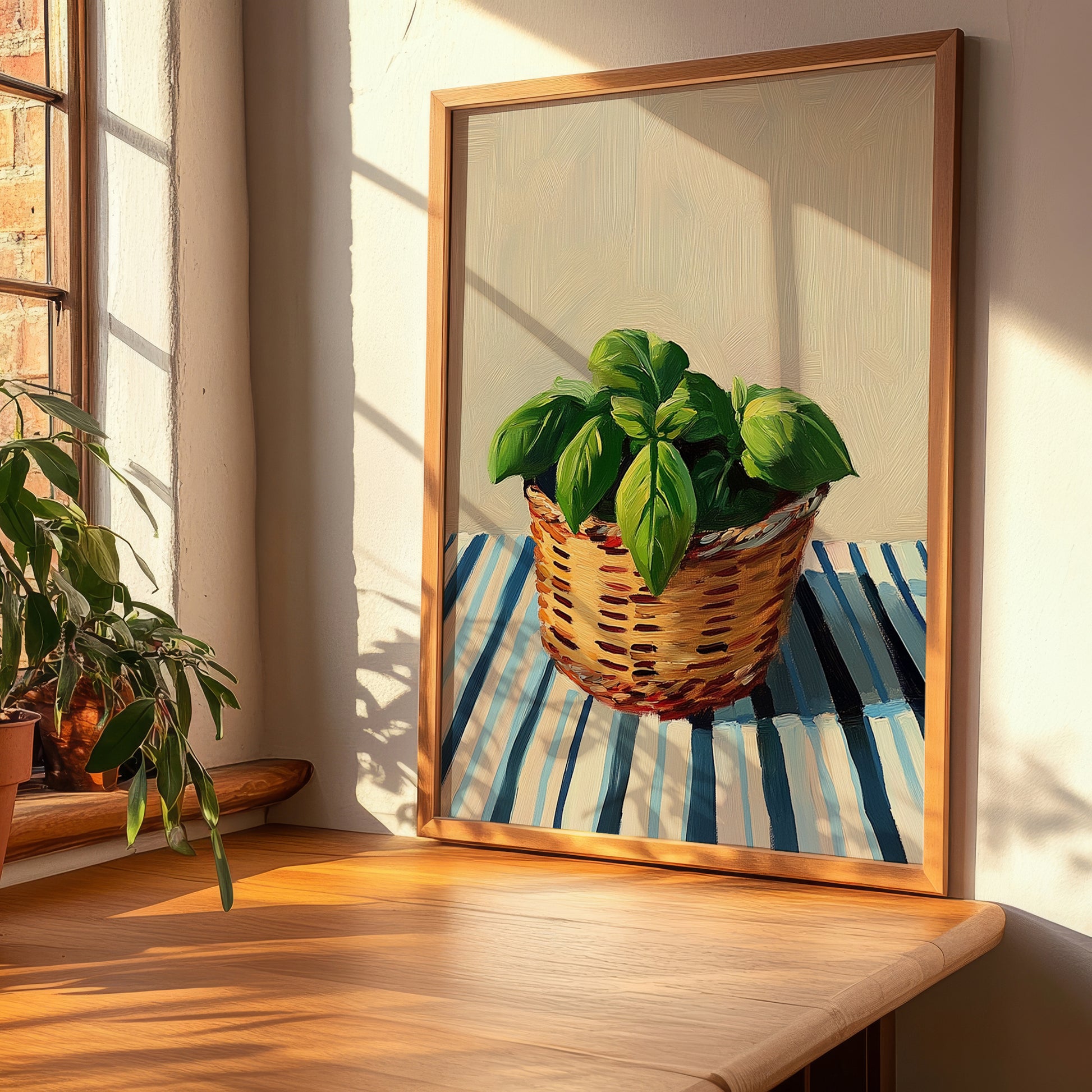 Basil – on Striped Tablecloth, Fresh Herbs Poster, clean layout with no caption