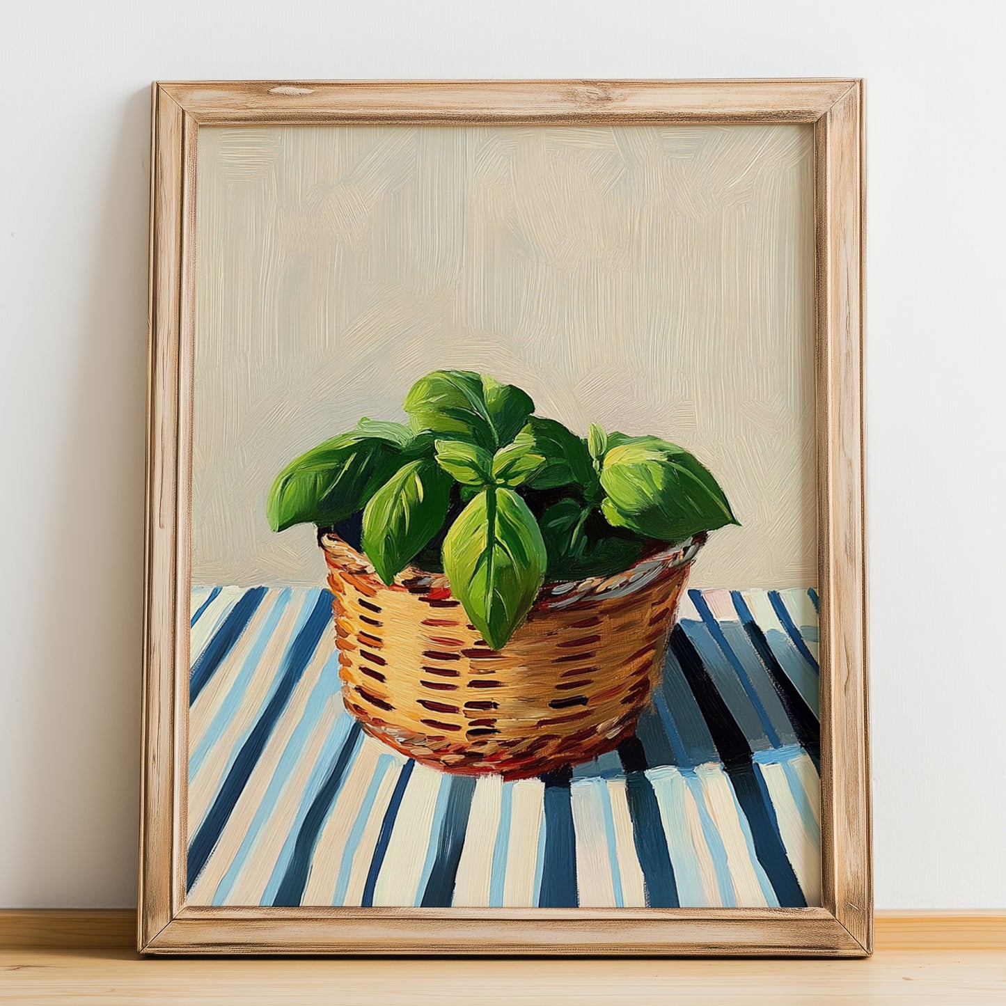 Basil – on Striped Tablecloth, Fresh Herbs Poster, no-text version framed in wood