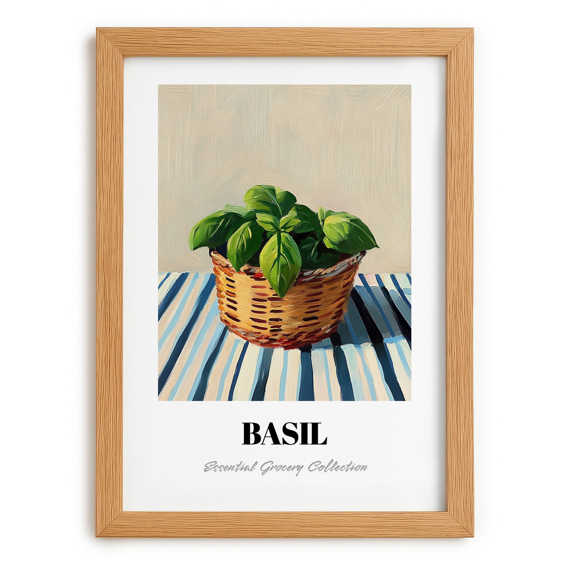 Basil – on Striped Tablecloth, Fresh Herbs Poster, set in oak frame