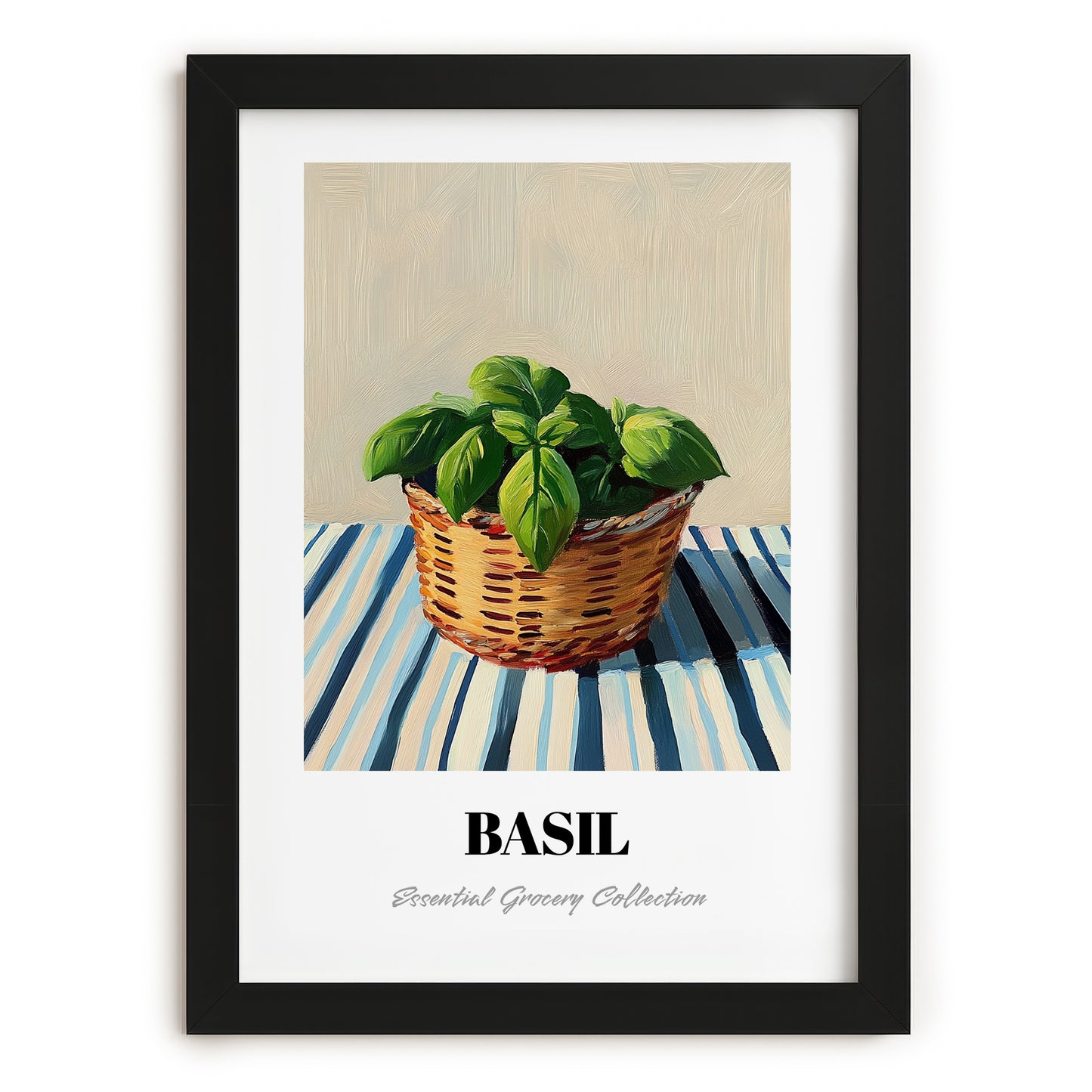 Basil – on Striped Tablecloth, Fresh Herbs Poster, in sleek black frame