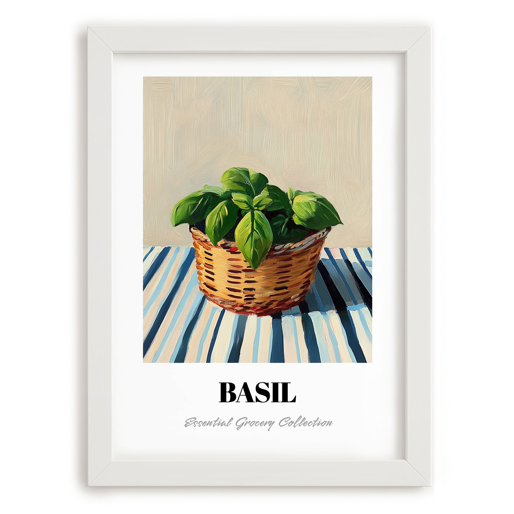 Basil – on Striped Tablecloth, Fresh Herbs Poster, placed in minimal white frame