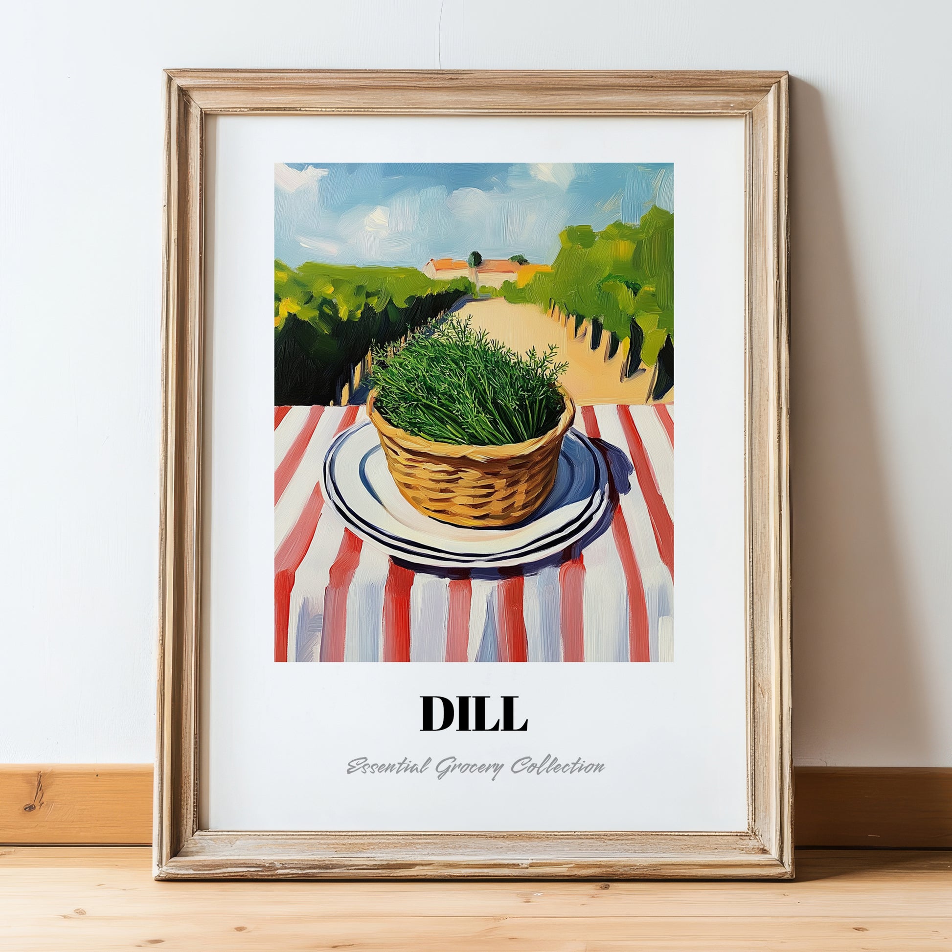 Dill – Valley Café Scene, Fresh Herbs Illustration, in wooden frame leaning on the floor