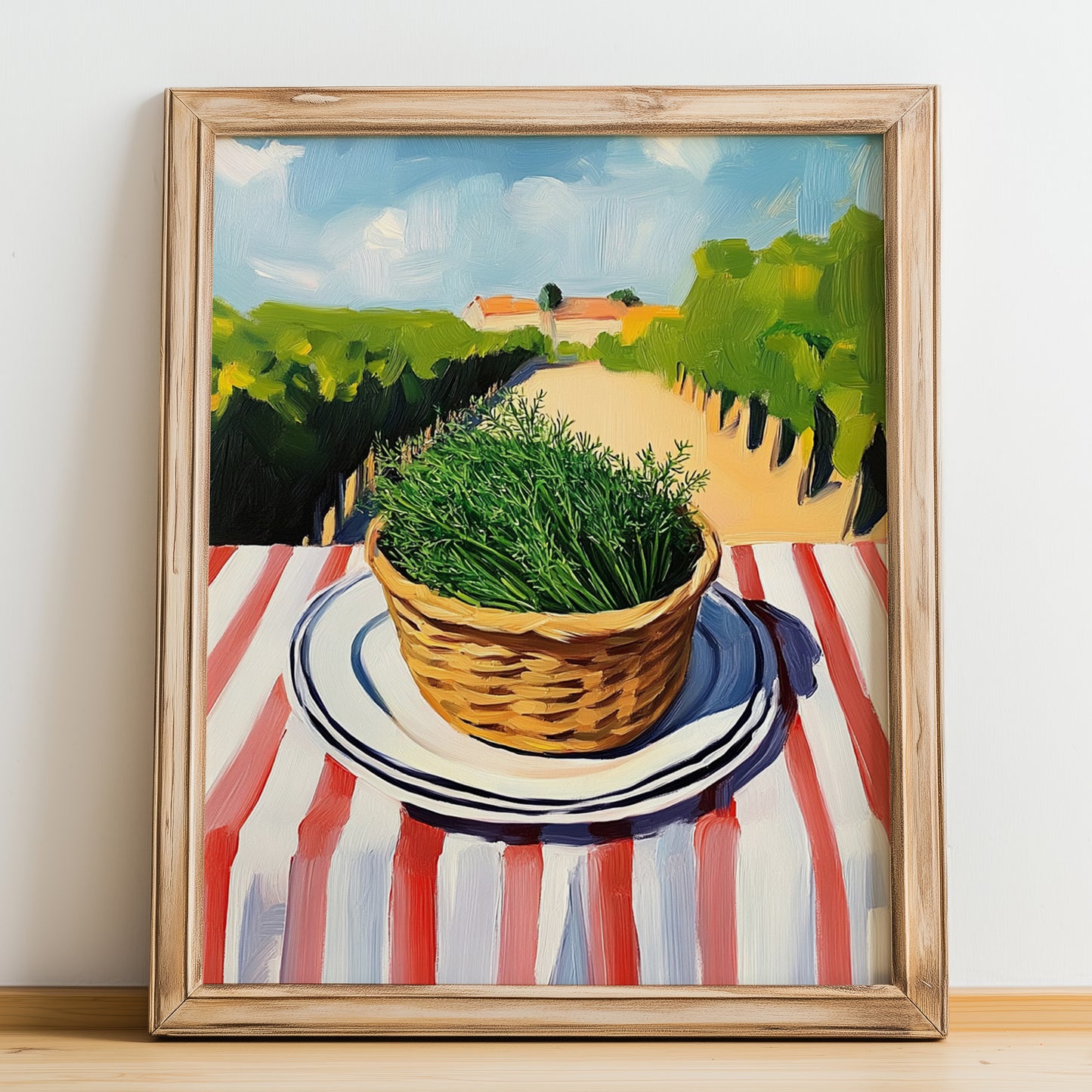 Dill – Valley Café Scene, Fresh Herbs Illustration, no-text version framed in wood