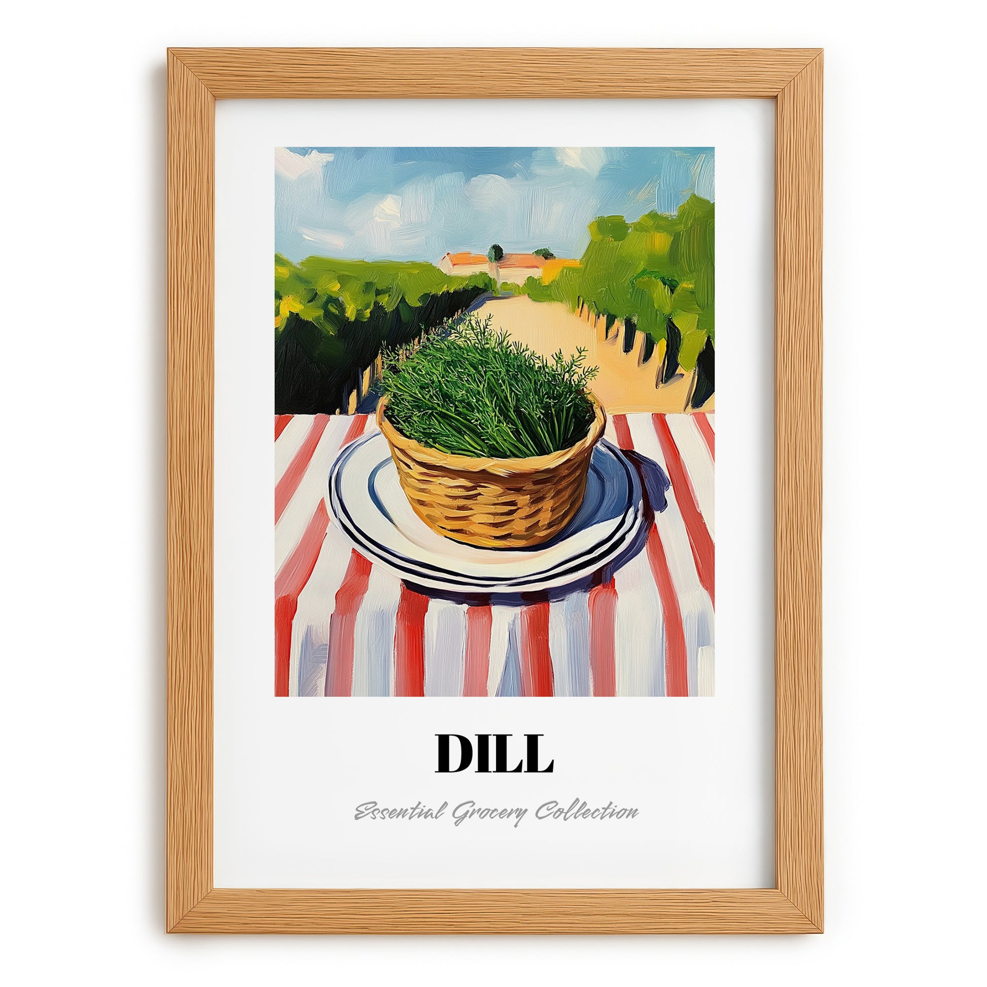 Dill – Valley Café Scene, Fresh Herbs Illustration, set in oak frame