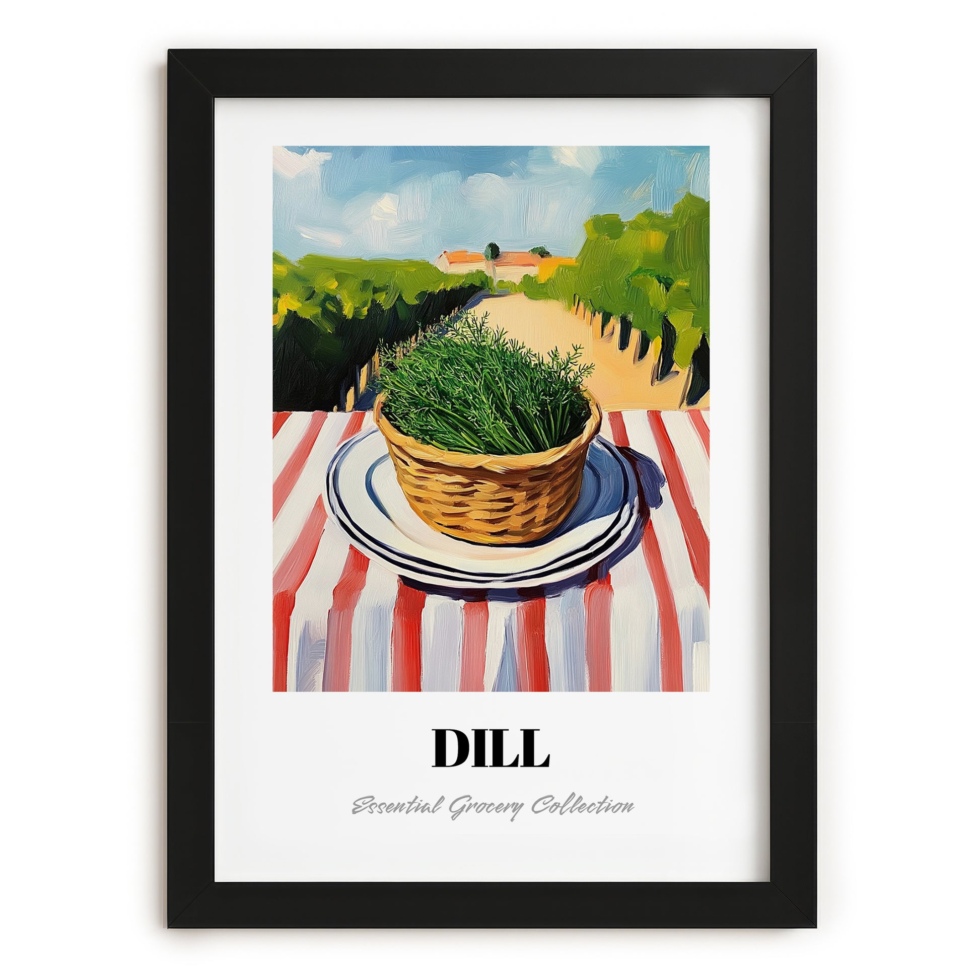 Dill – Valley Café Scene, Fresh Herbs Illustration, in sleek black frame