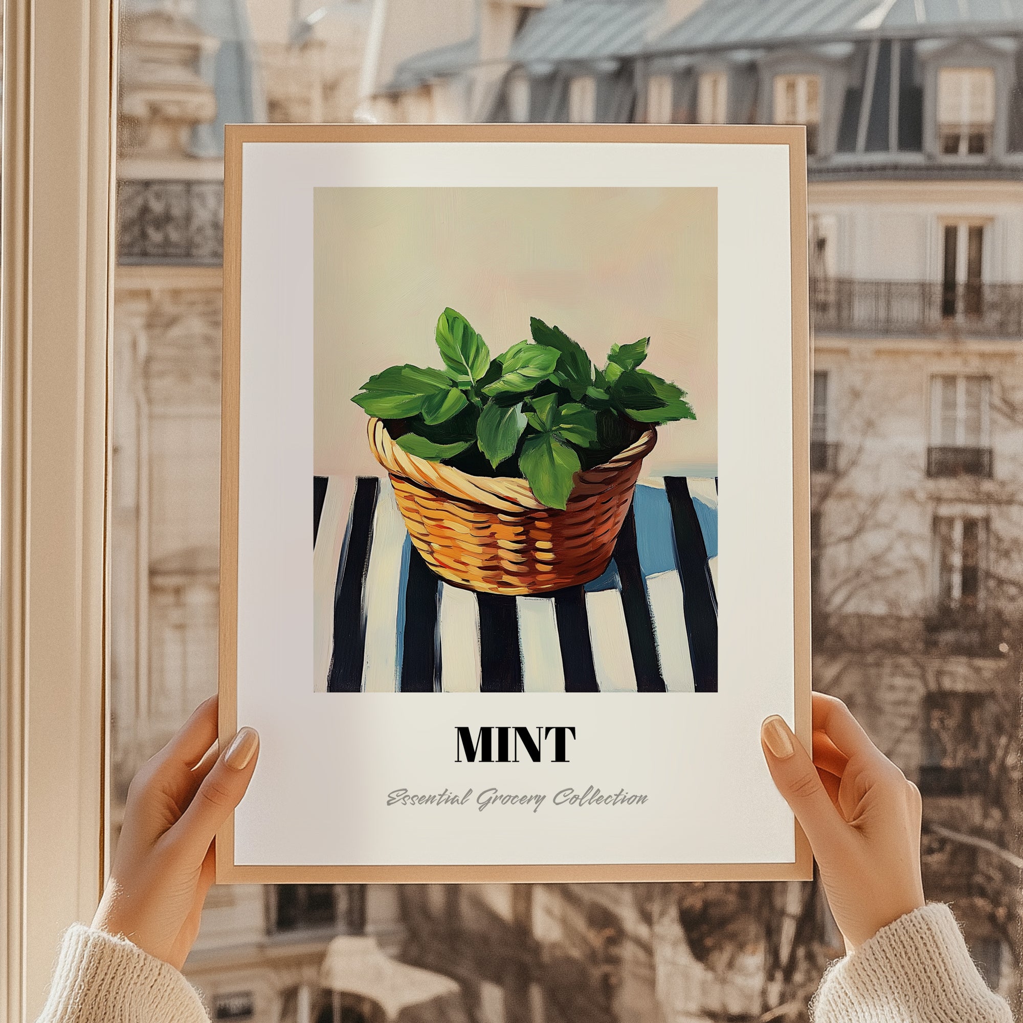 Mint – on Striped Tablecloth, Fresh Herbs Poster, styled in a charming Paris street view
