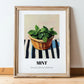 Mint – on Striped Tablecloth, Fresh Herbs Poster, in wooden frame leaning on the floor
