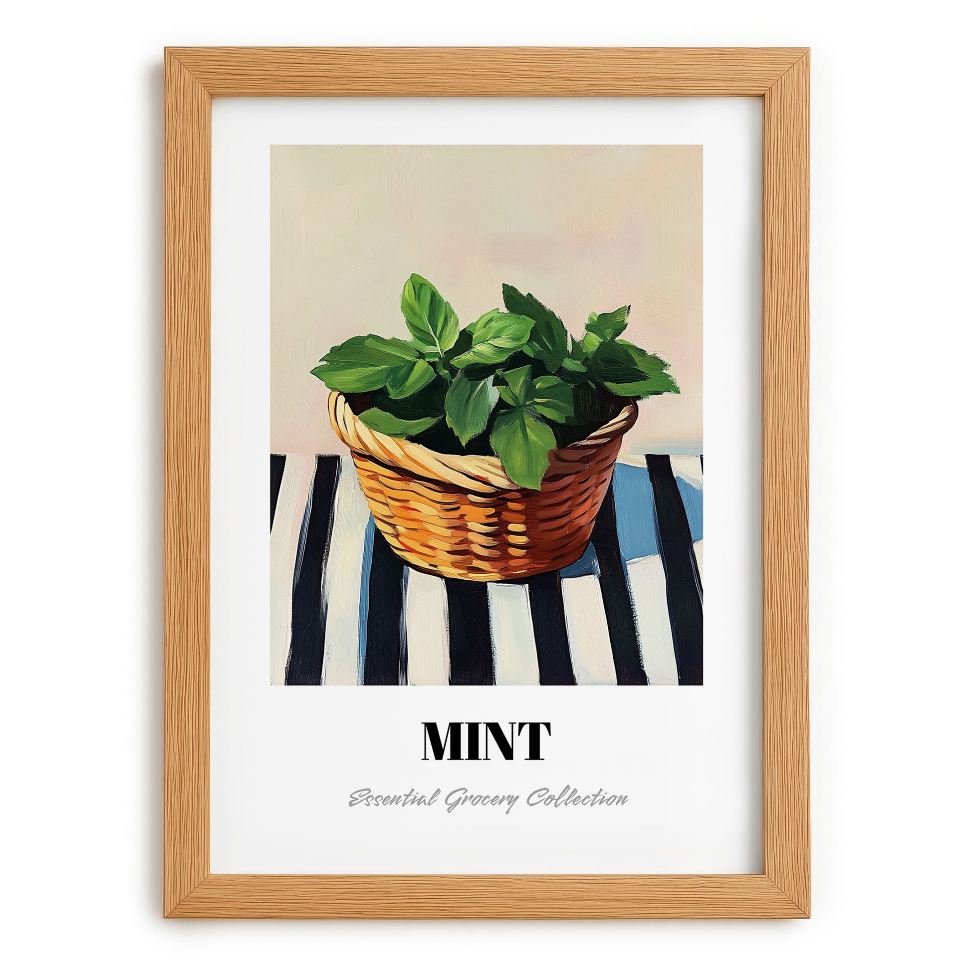 Mint – on Striped Tablecloth, Fresh Herbs Poster, set in oak frame