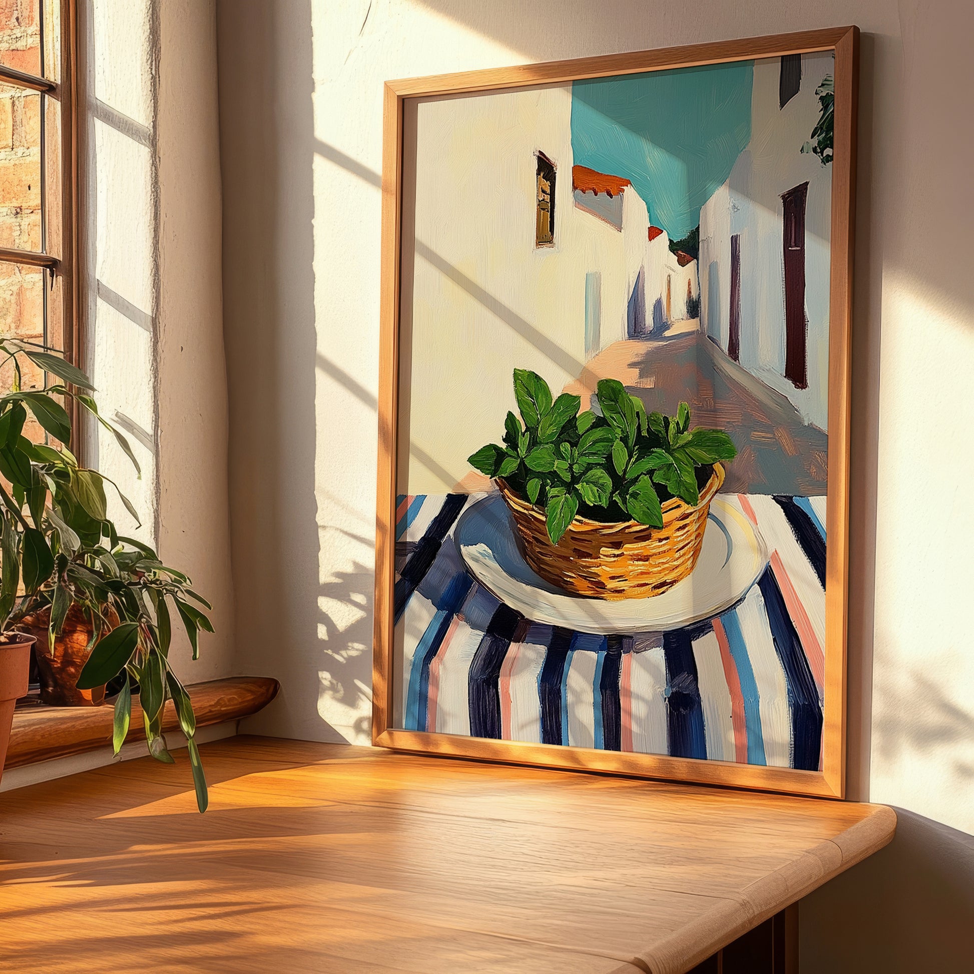 Mint – White village Café on the Corner, Fresh Herbs Painting, clean layout with no caption