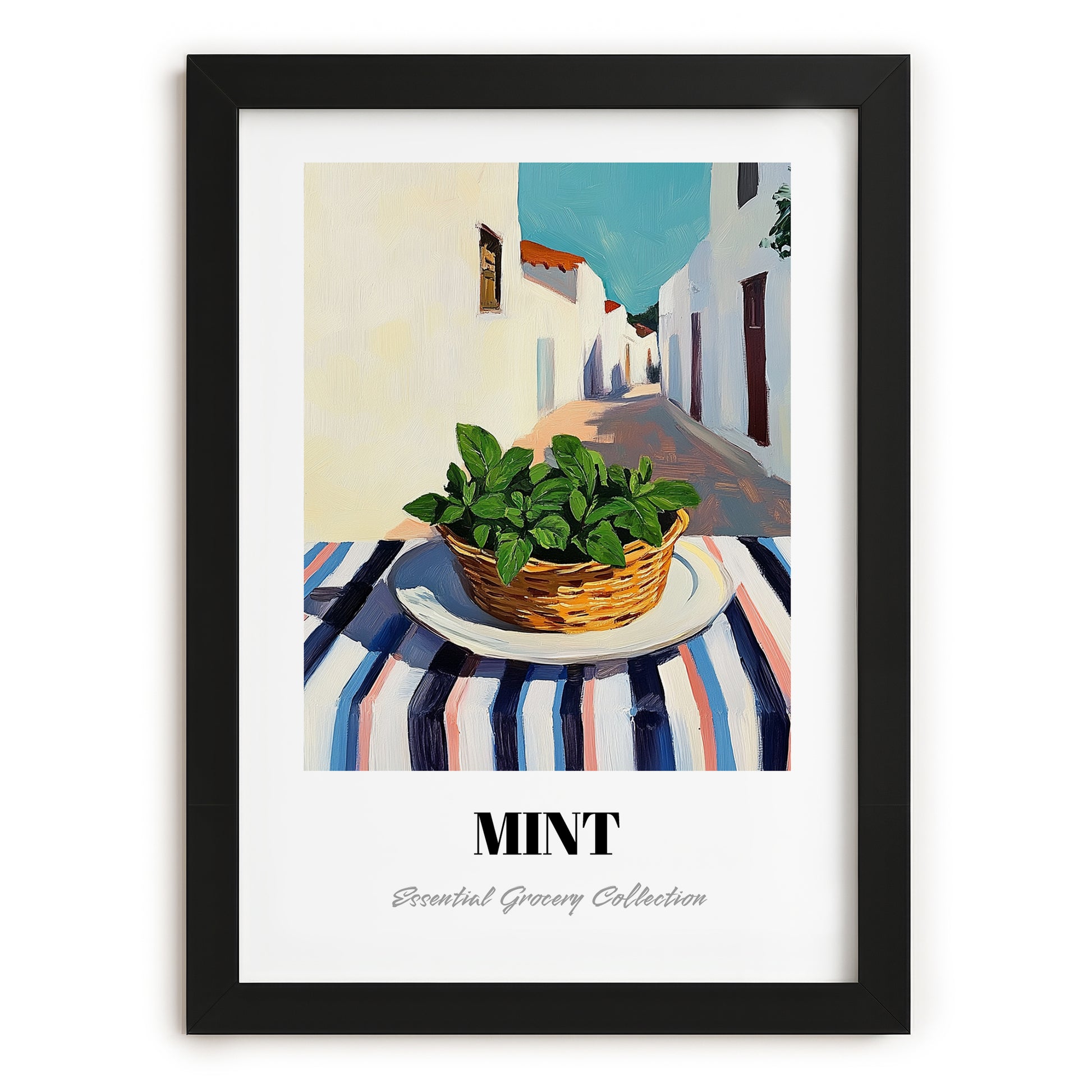 Mint – White village Café on the Corner, Fresh Herbs Painting, in sleek black frame