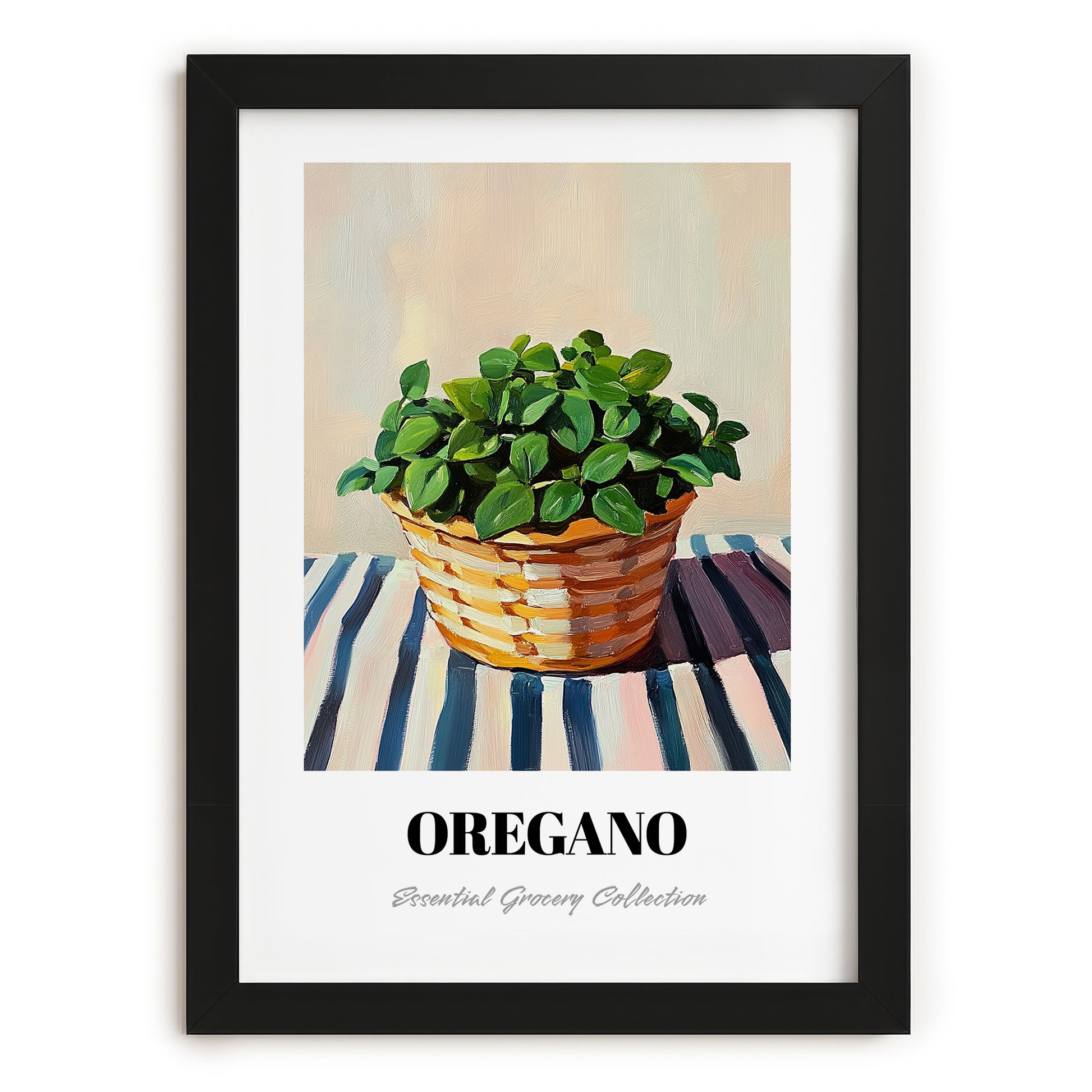 Oregano – on Striped Tablecloth, Fresh Herbs Painting, in sleek black frame