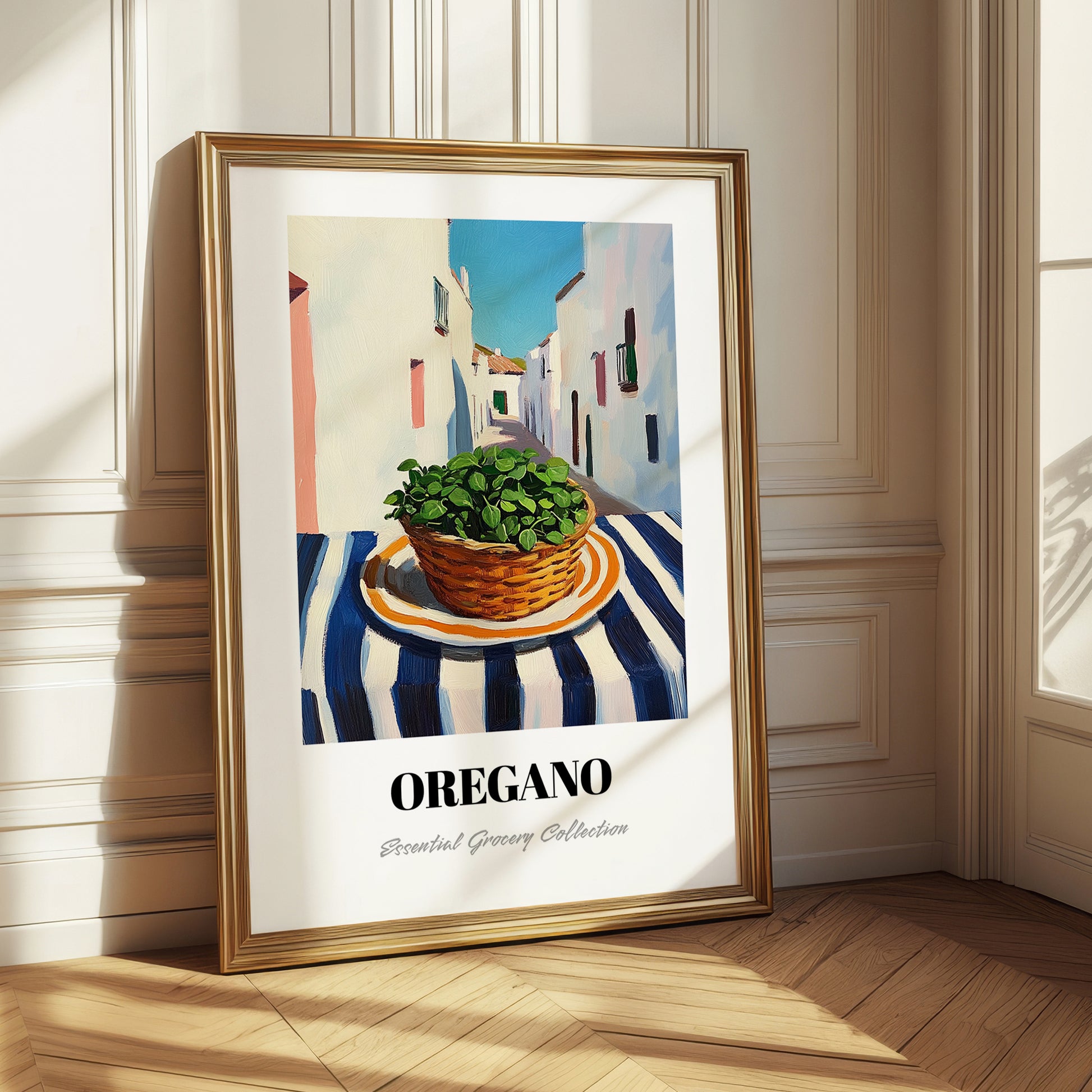 Oregano – White village Street Café Scene, Fresh Herbs Print