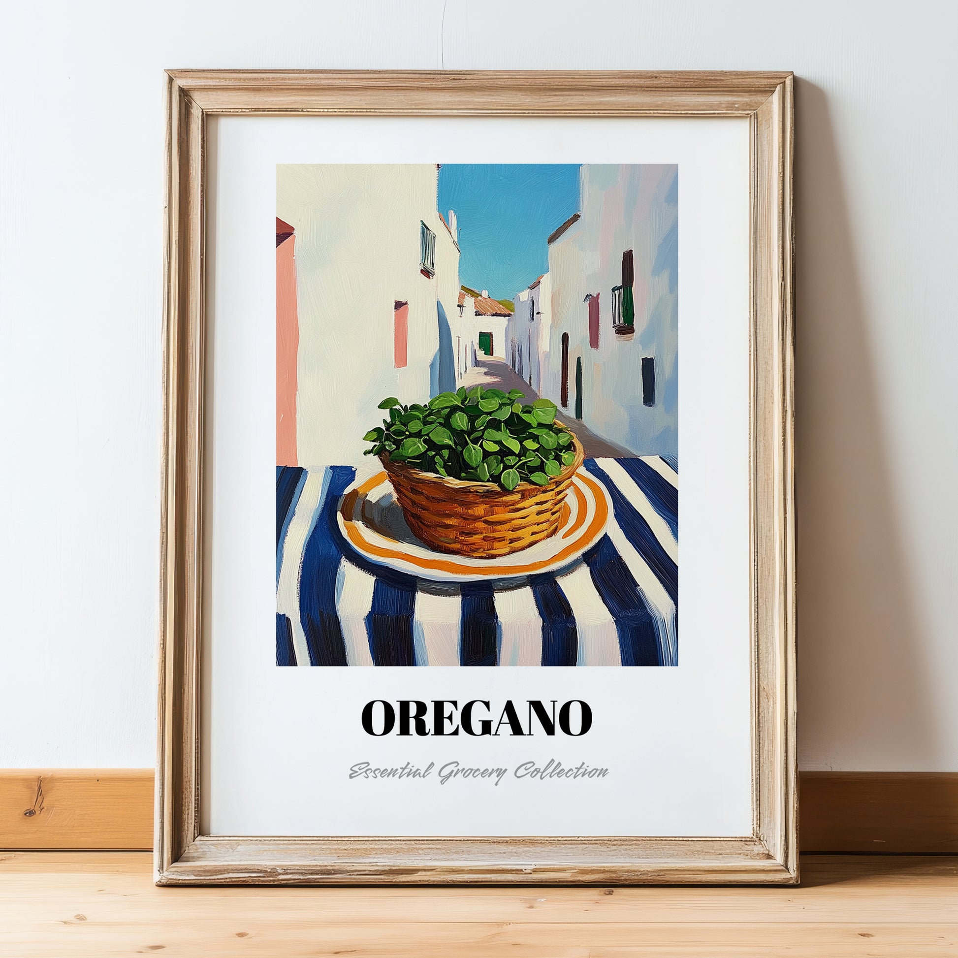 Oregano – White village Street Café Scene, Fresh Herbs Print, in wooden frame leaning on the floor