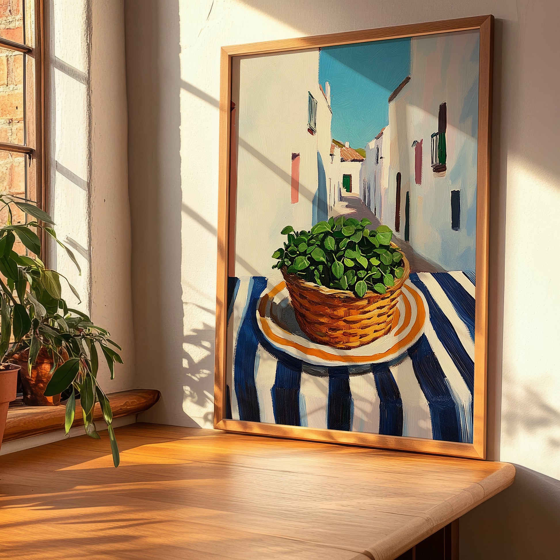 Oregano – White village Street Café Scene, Fresh Herbs Print, clean layout with no caption
