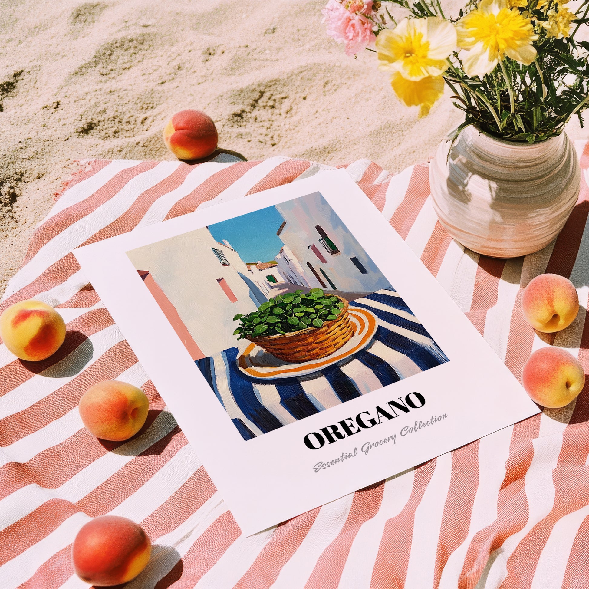 Oregano – White village Street Café Scene, Fresh Herbs Print, unframed on coastal sand