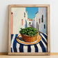 Oregano – White village Street Café Scene, Fresh Herbs Print, no-text version framed in wood