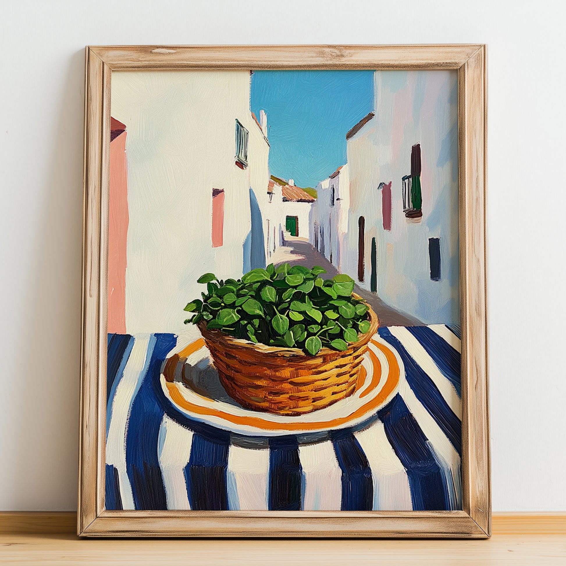 Oregano – White village Street Café Scene, Fresh Herbs Print, no-text version framed in wood