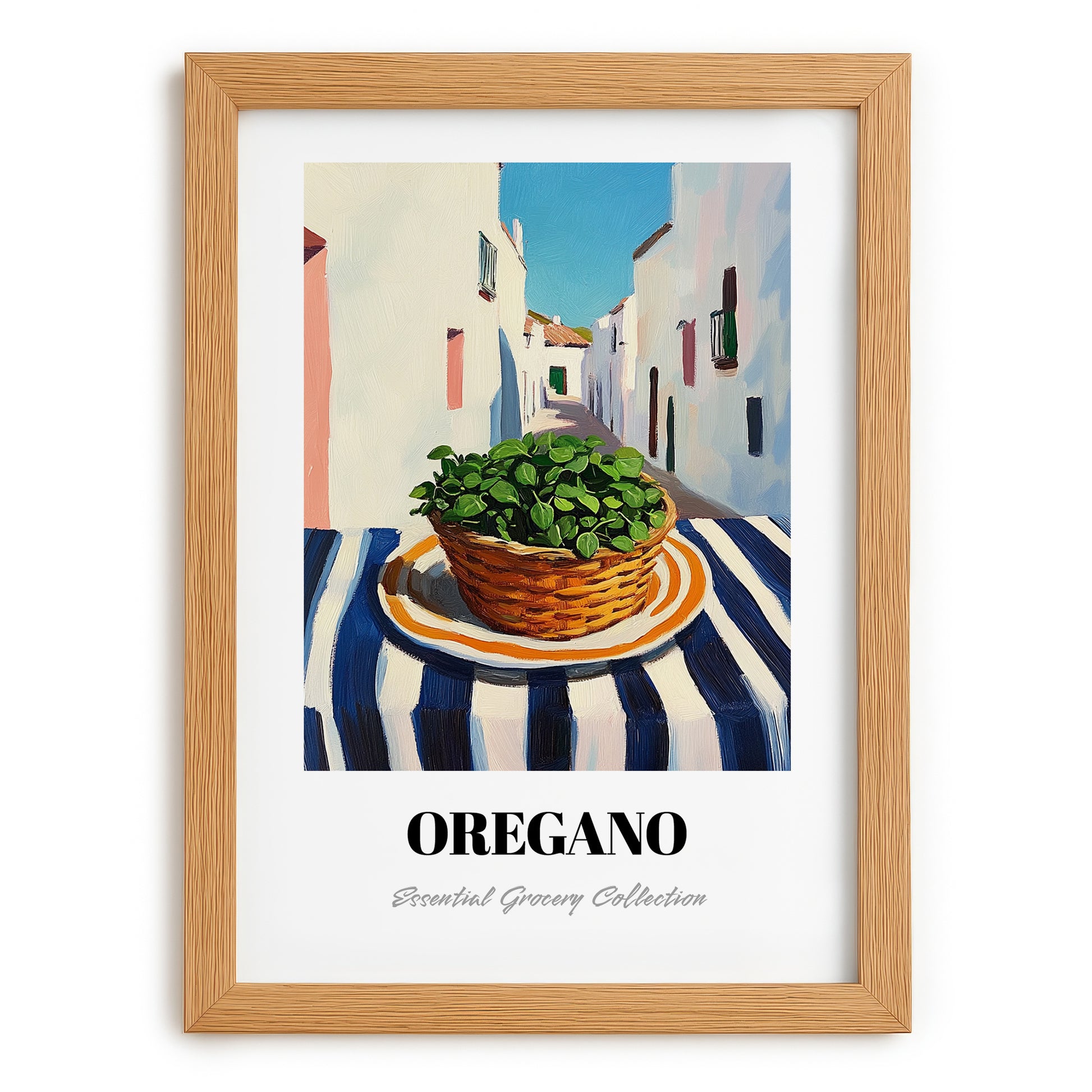 Oregano – White village Street Café Scene, Fresh Herbs Print, set in oak frame