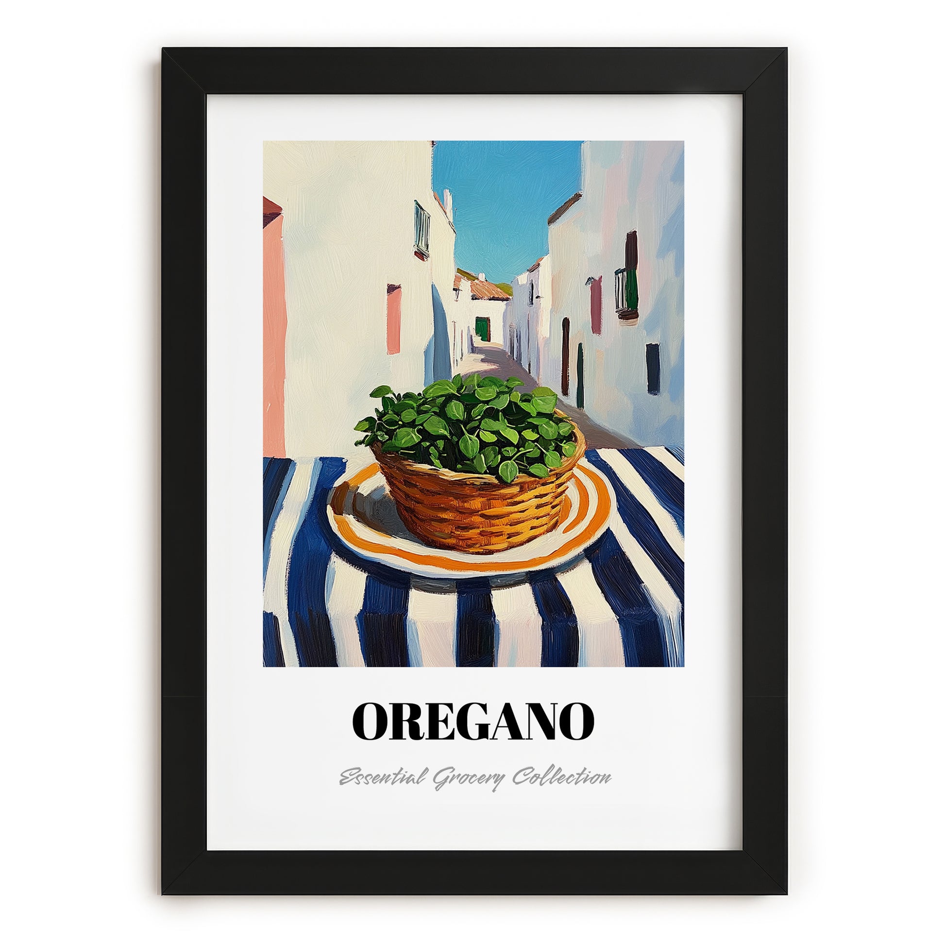 Oregano – White village Street Café Scene, Fresh Herbs Print, in sleek black frame