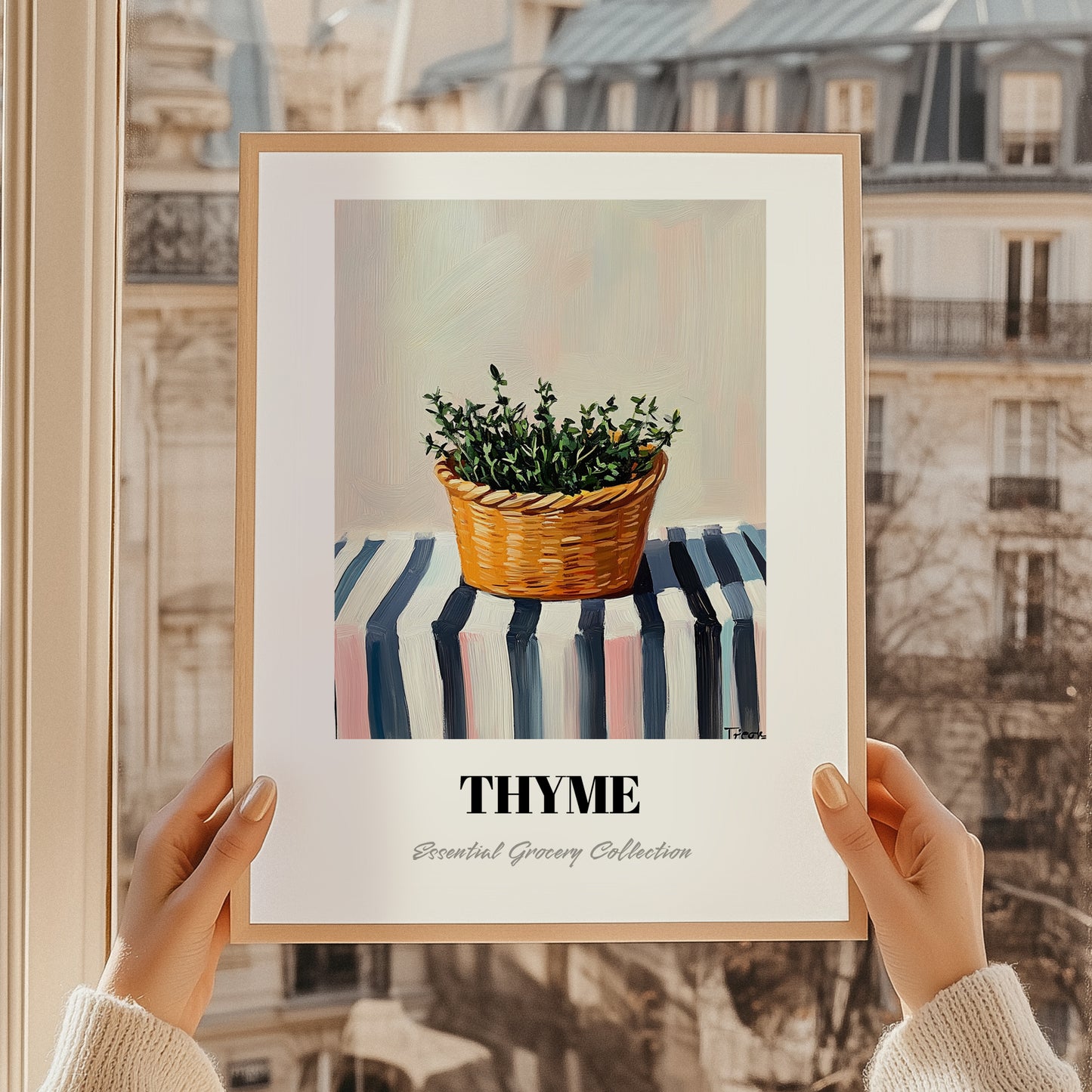Thyme – on Striped Tablecloth, Fresh Herbs Still Life, styled in a charming Paris street view