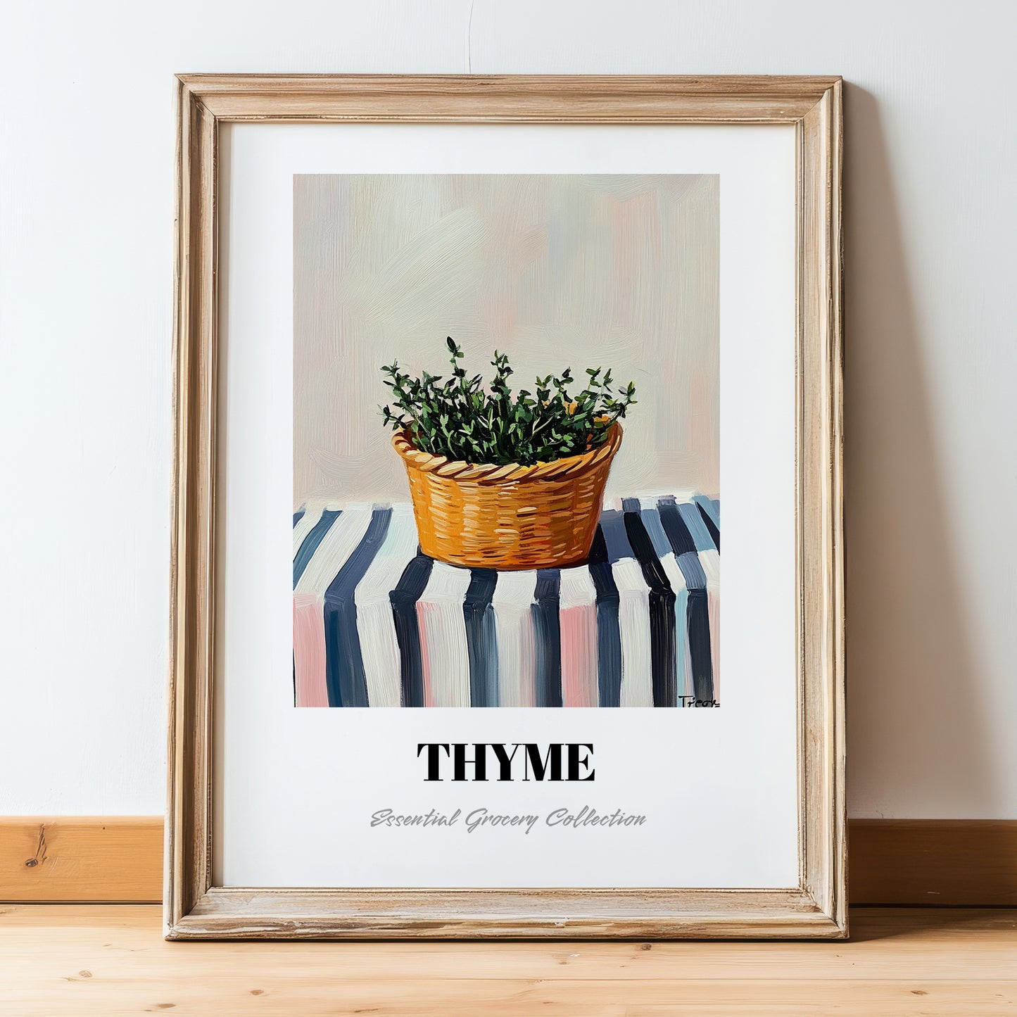 Thyme – on Striped Tablecloth, Fresh Herbs Still Life, in wooden frame leaning on the floor