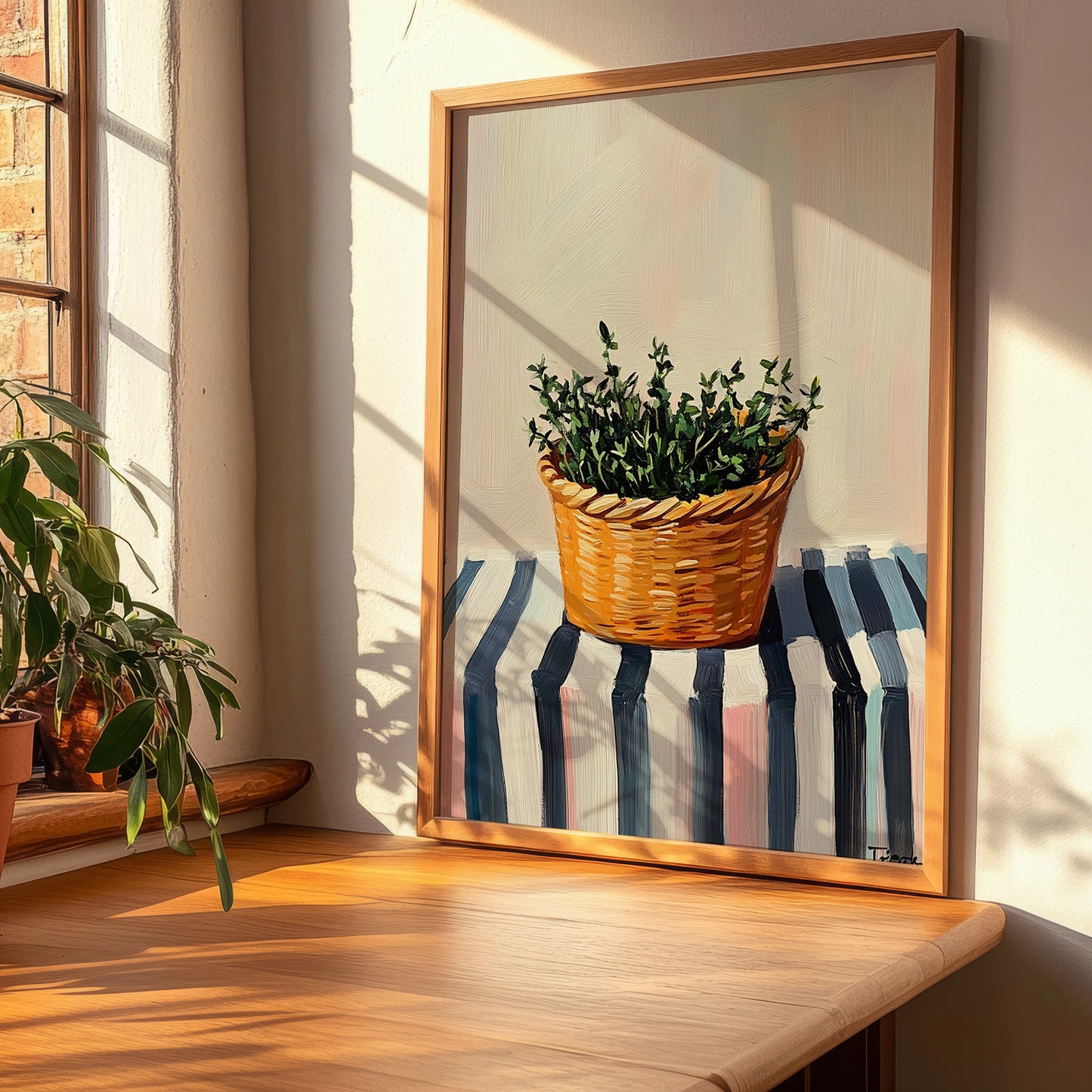 Thyme – on Striped Tablecloth, Fresh Herbs Still Life, clean layout with no caption